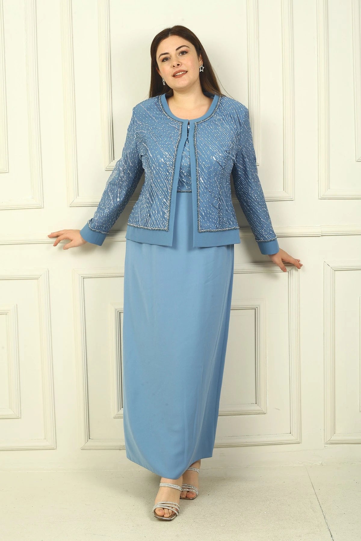 Image of Women's Beaded and Sequin Embellished Tulle Jacket, Half-Moon Sleeve Long Dress, Lined, Plus Size Two-Piece Set