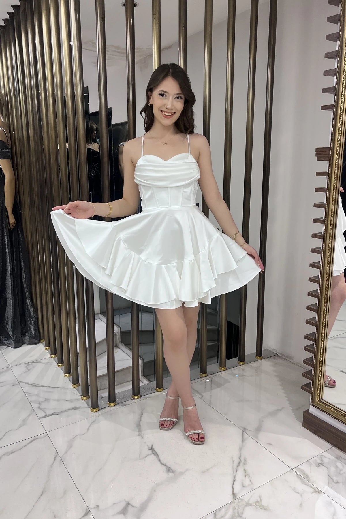 Image of Women's Strappy Back Tie Underwired Short Satin Dress with Layered Lining
