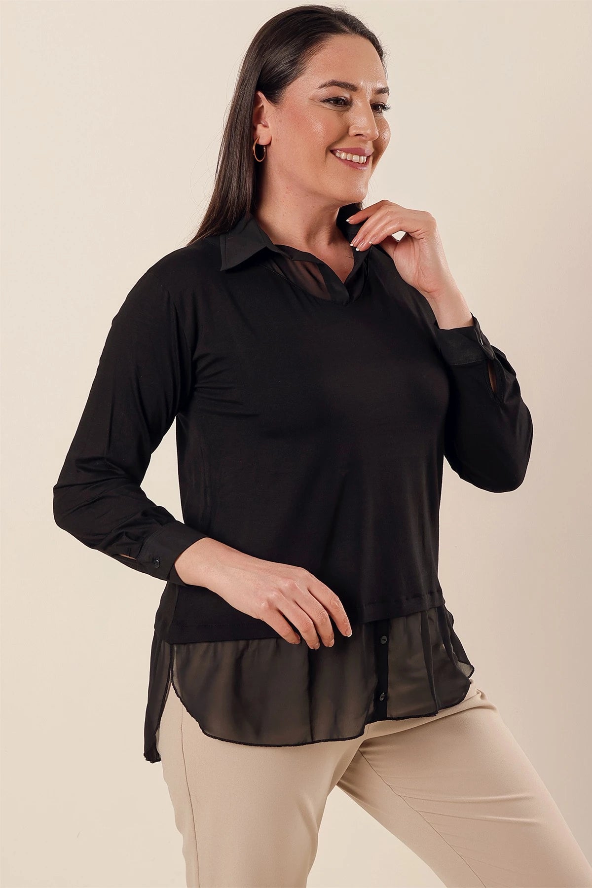 Image of Chiffon Detail Shirt Collar Relaxed Fit Plus Size Blouse