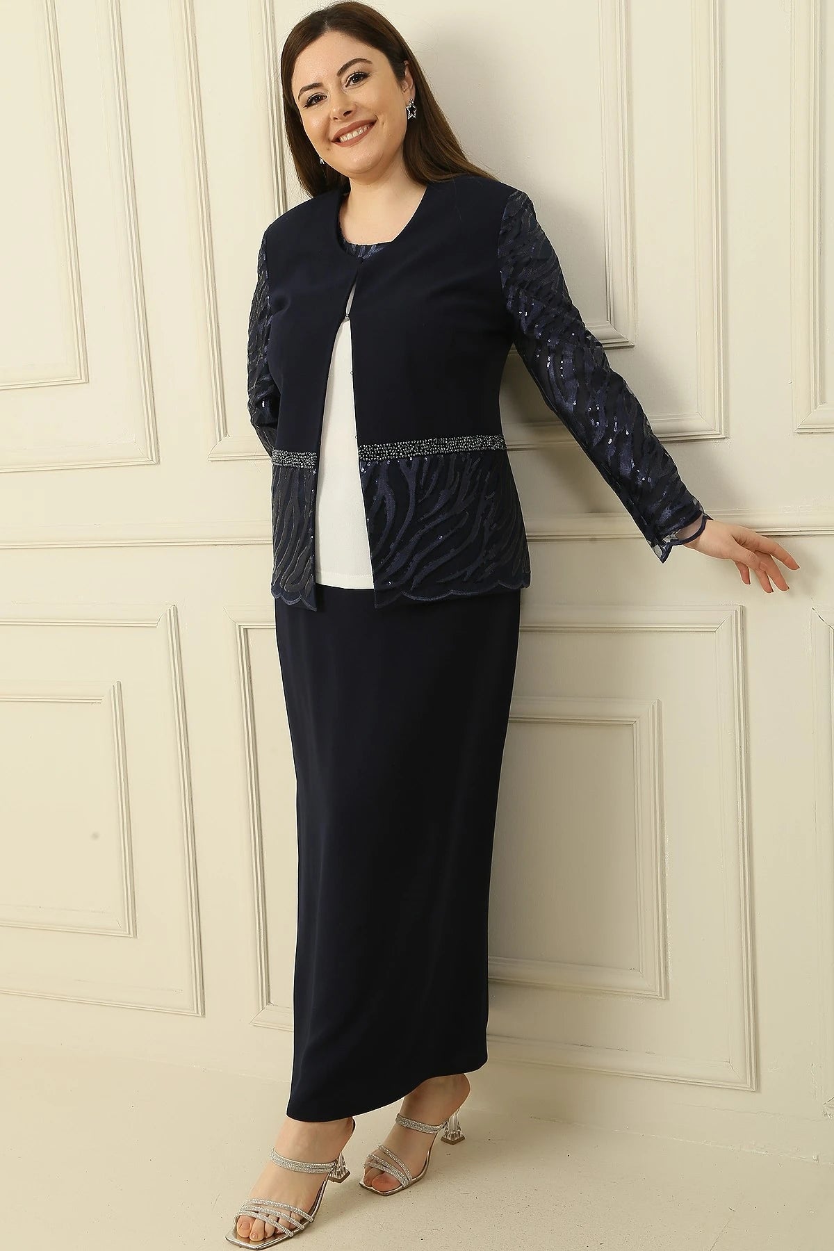 Image of Three-Piece Set: Half-Moon Sleeve Blouse, Sequin Embroidered Jacket and Skirt with Bead Details, Lined, Plus Size.