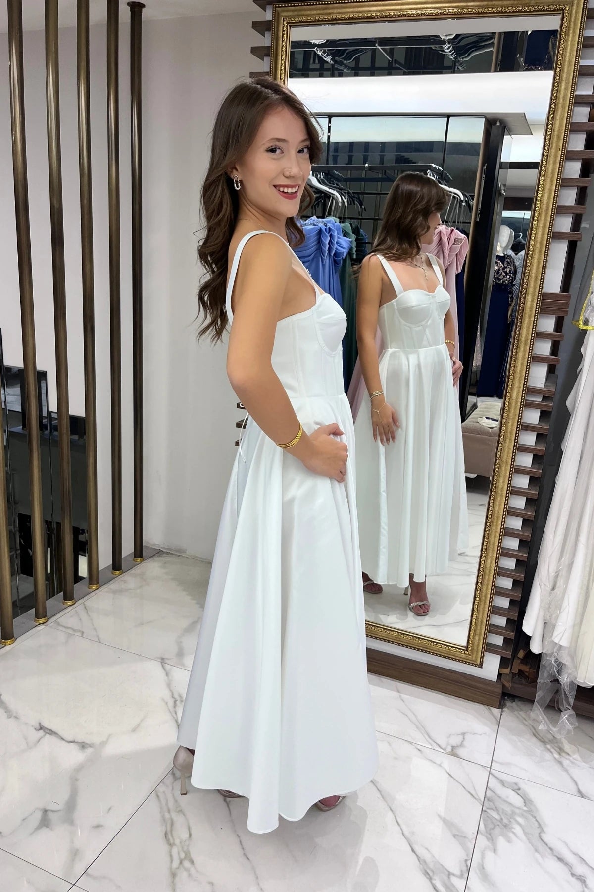 Image of Women's Strappy Back Lace-up Corset Satin Flared Midi Dress