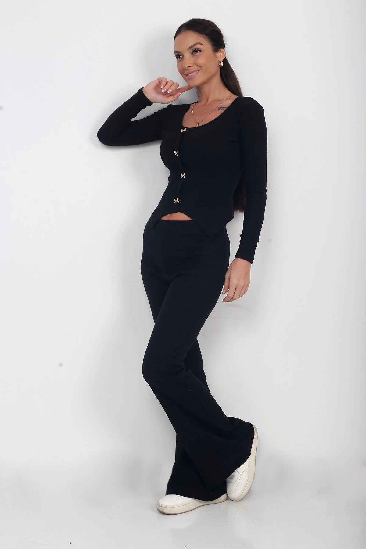 Image of Women's Gold Buttoned Long-Sleeve Blouse and Elastic Waist Wide-Leg Trousers 2-Piece Set