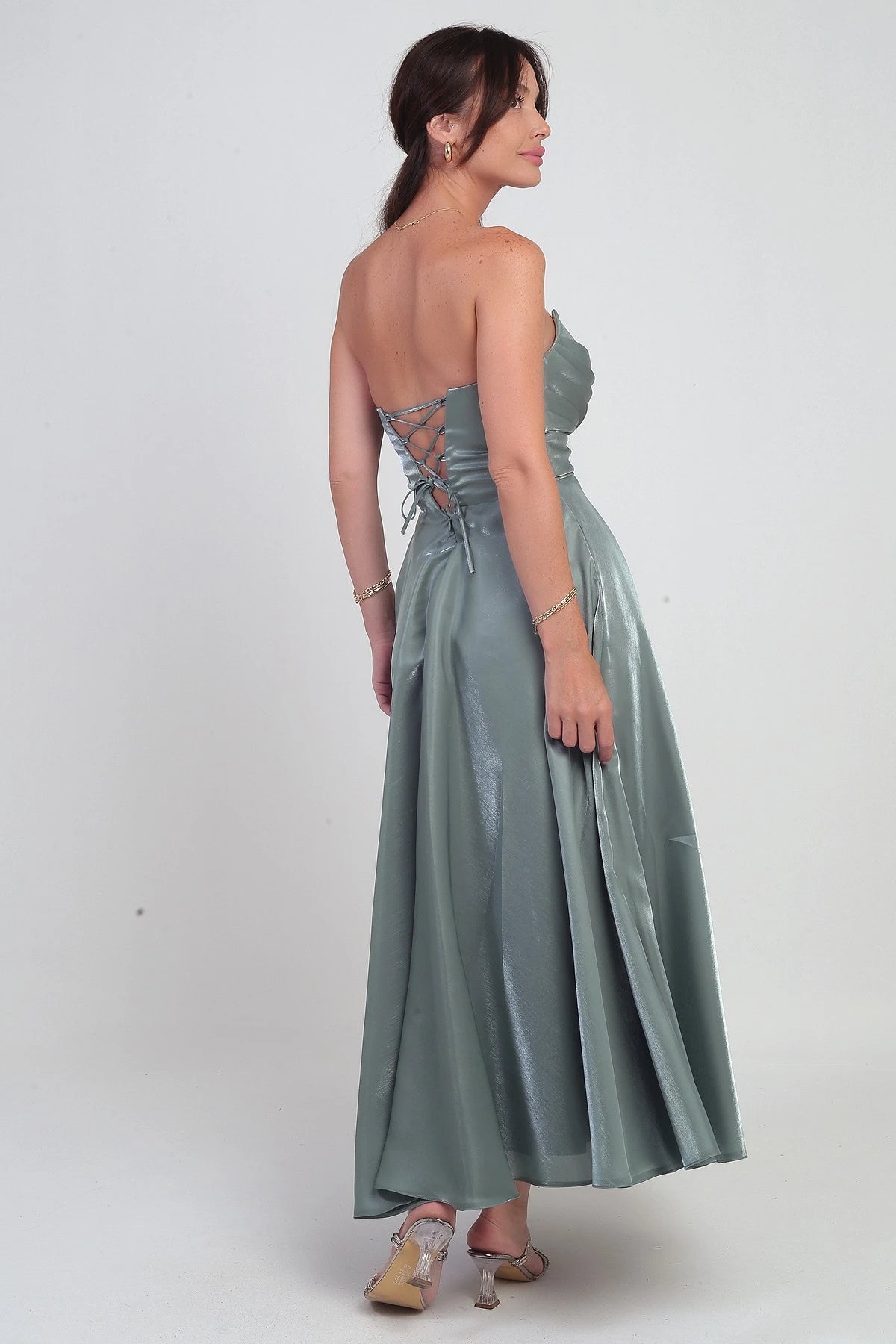 Image of Rochie midi din satin organza, fără bretele, cu decolteu în V pentru femei
