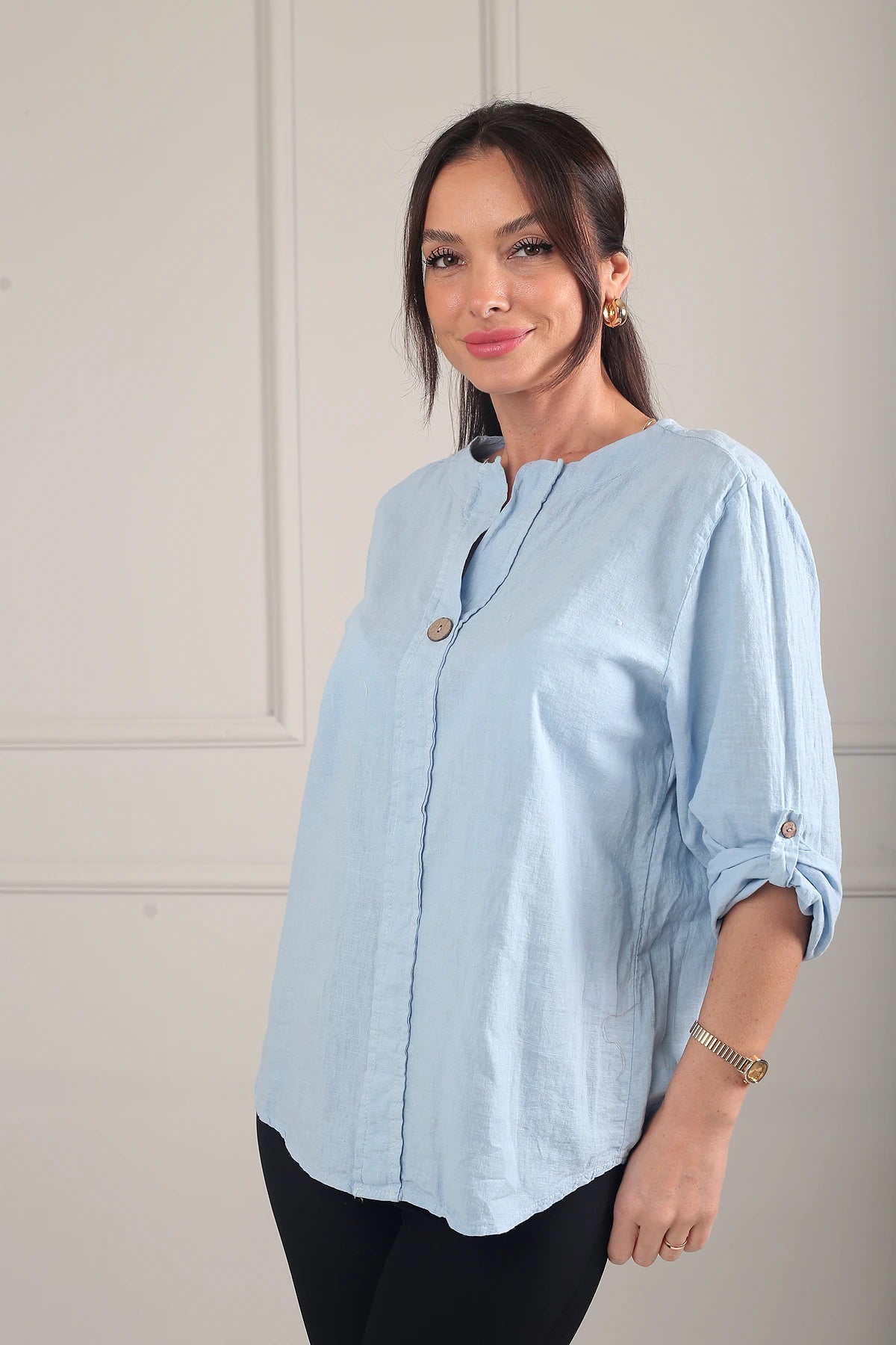 Image of Kadın Düğme Detaylı İtalyan Cotton Oversize Bluz