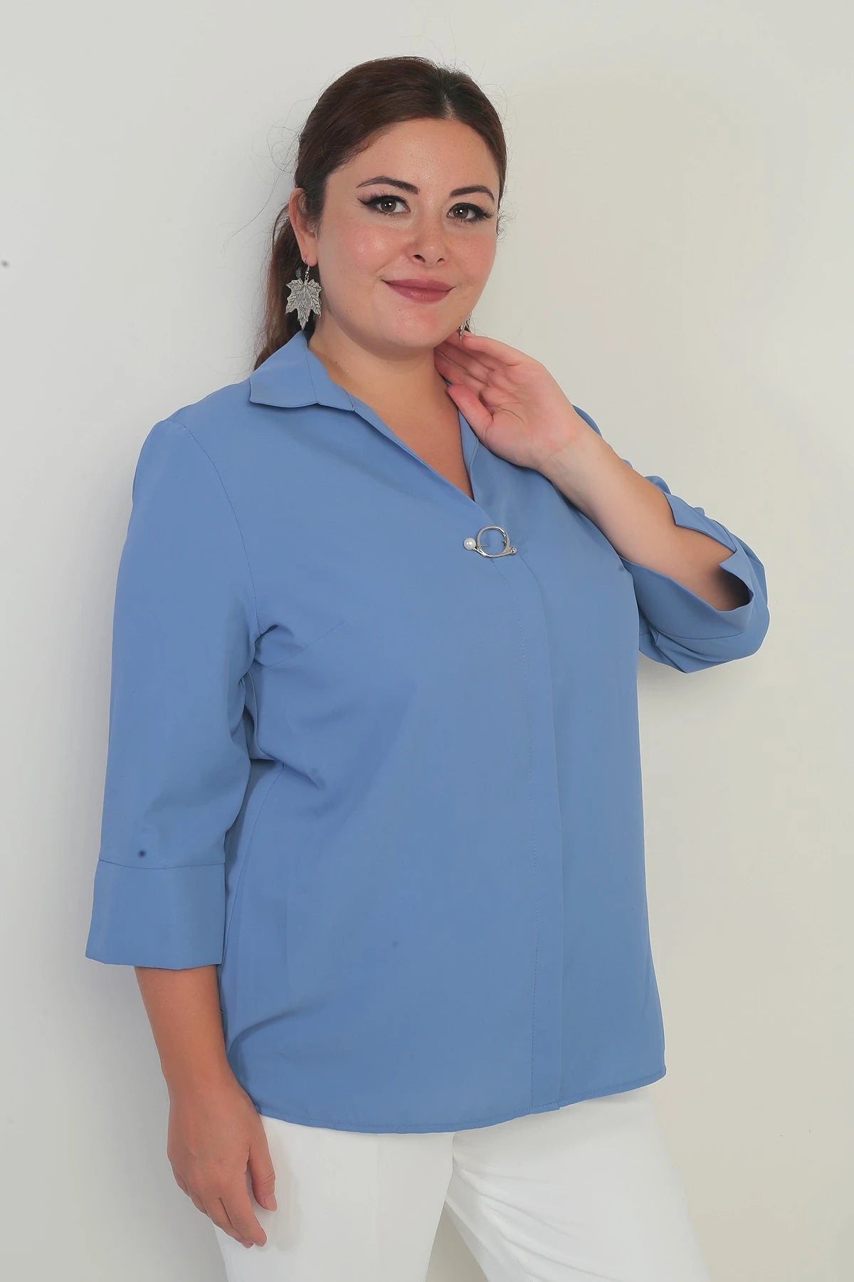 Image of Polo Yaka Çeyrek Kol Büyük Beden Bluz