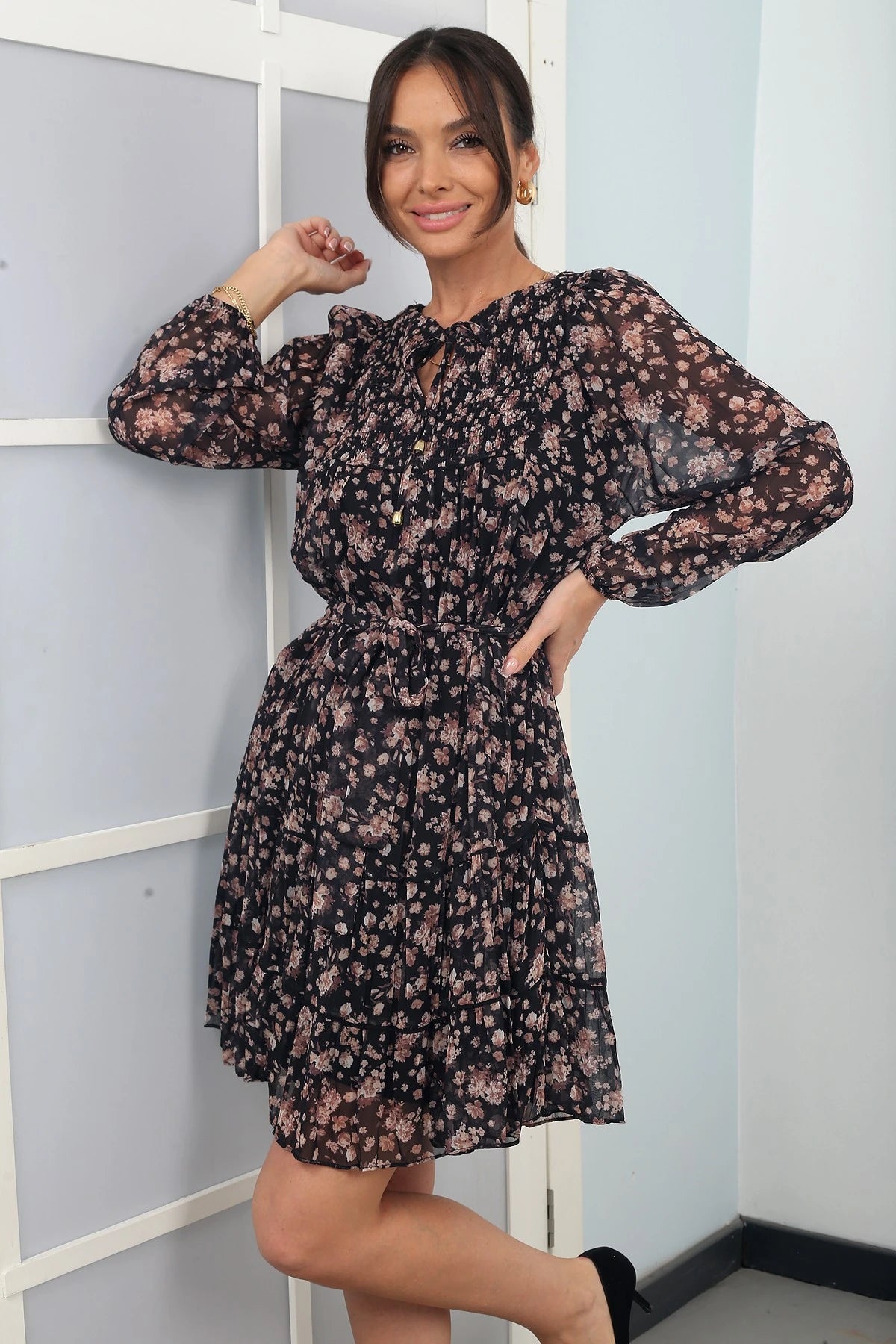 Image of Women's Short Chiffon Dress with Lace-up Neckline, Lined, and Floral Pattern.