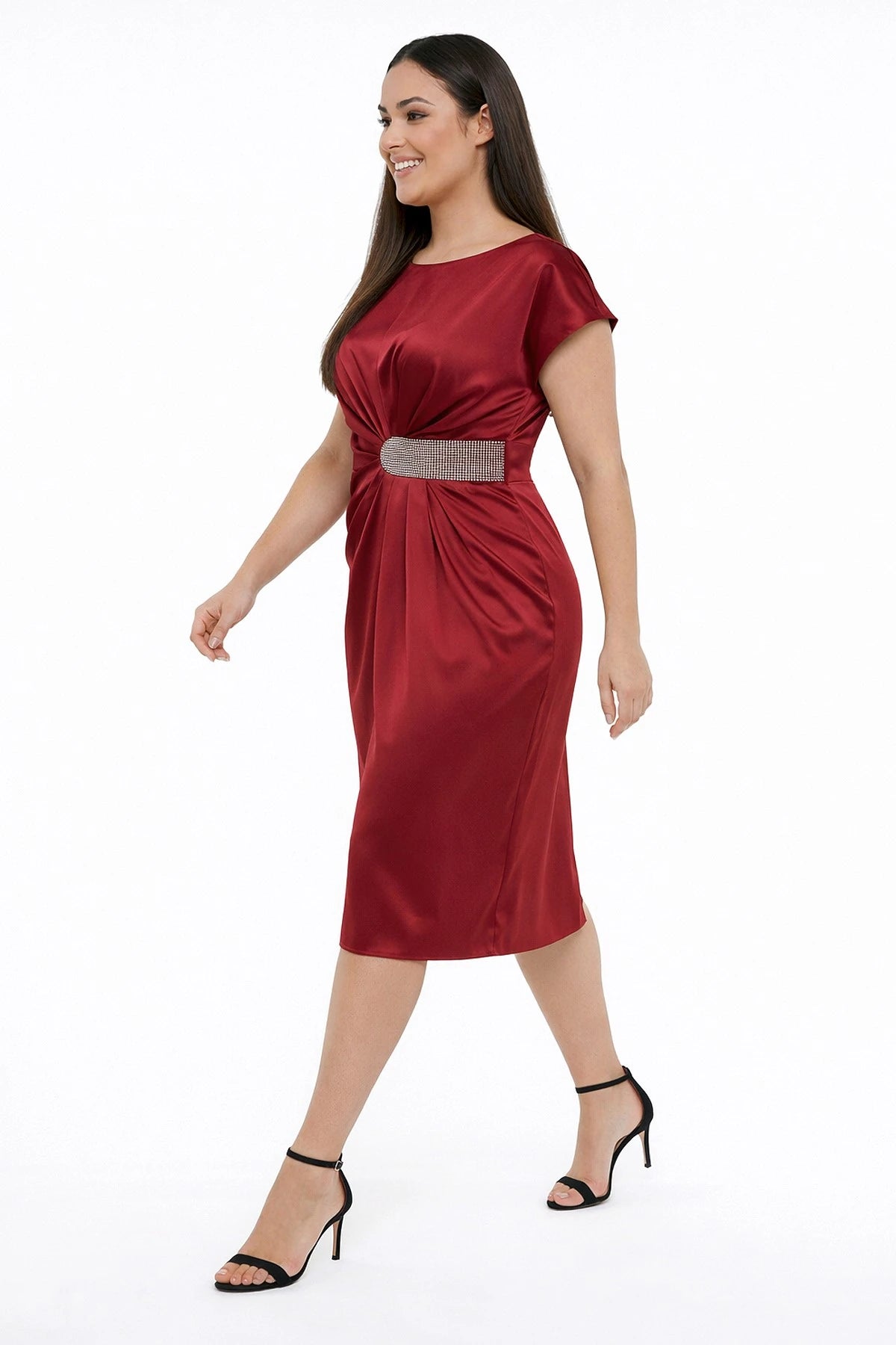 Image of Kadın Beli Taşlı Drapeli Büyük Beden Saten Midi Elbise