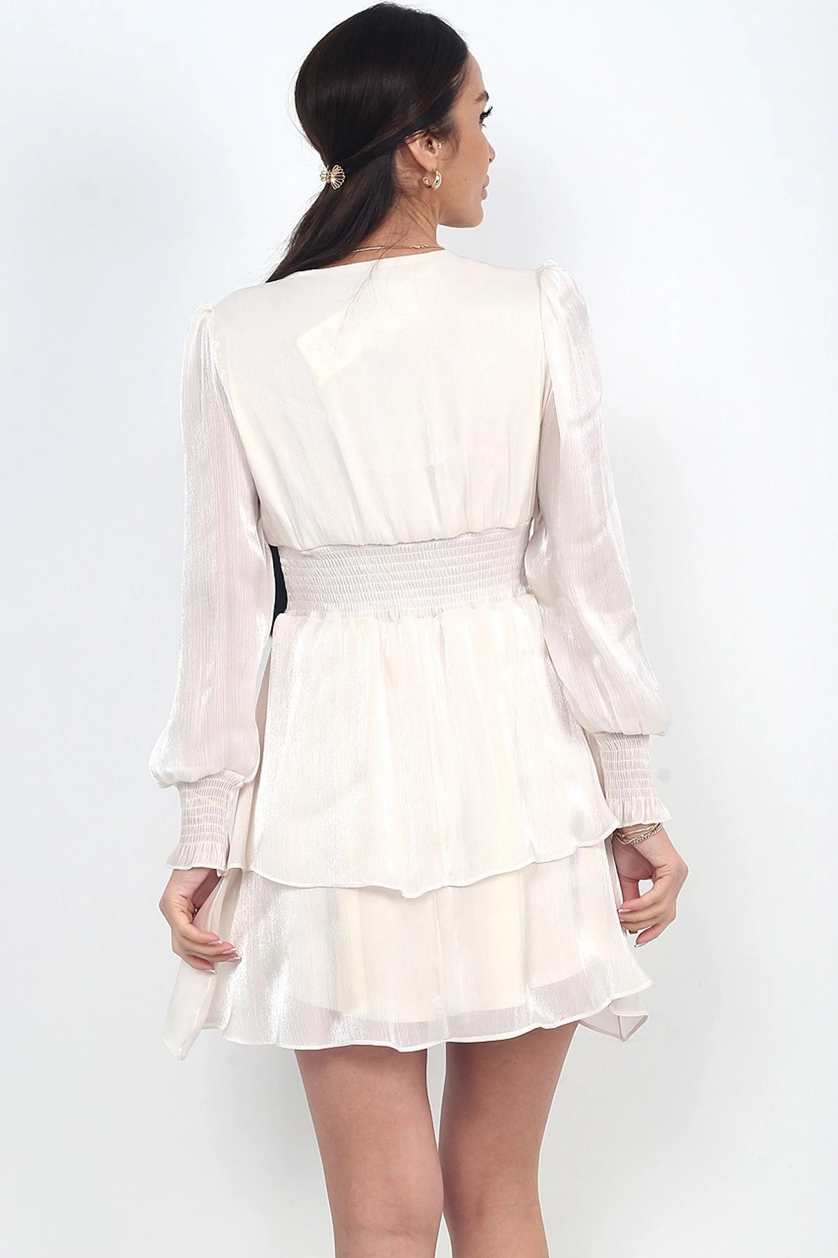 Image of Women's Wrap Neckline Lined Layered Chiffon Short Dress with Elastic Waistband