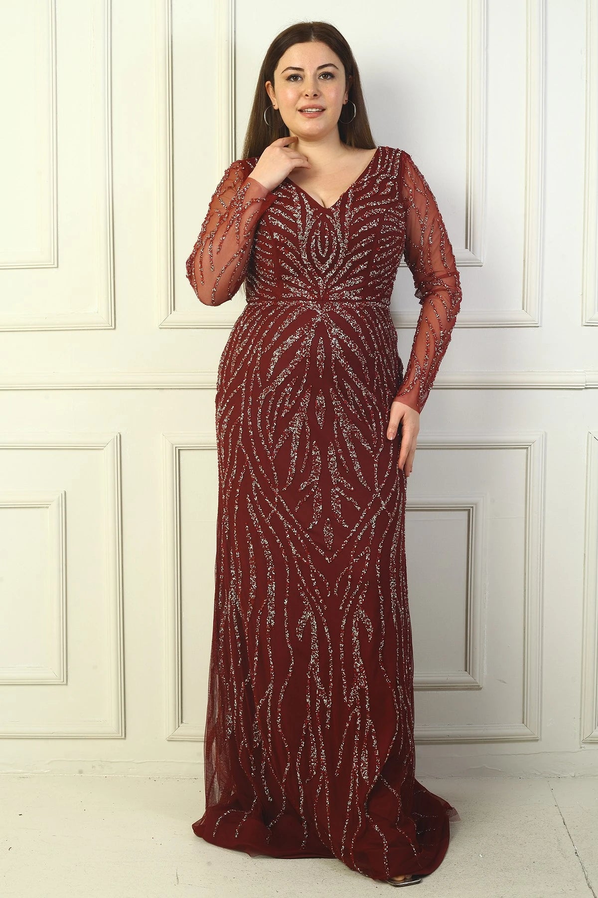 Image of Front and Back V-Neck, Tulle Sleeves, Lined, Embellished Long Plus Size Dress