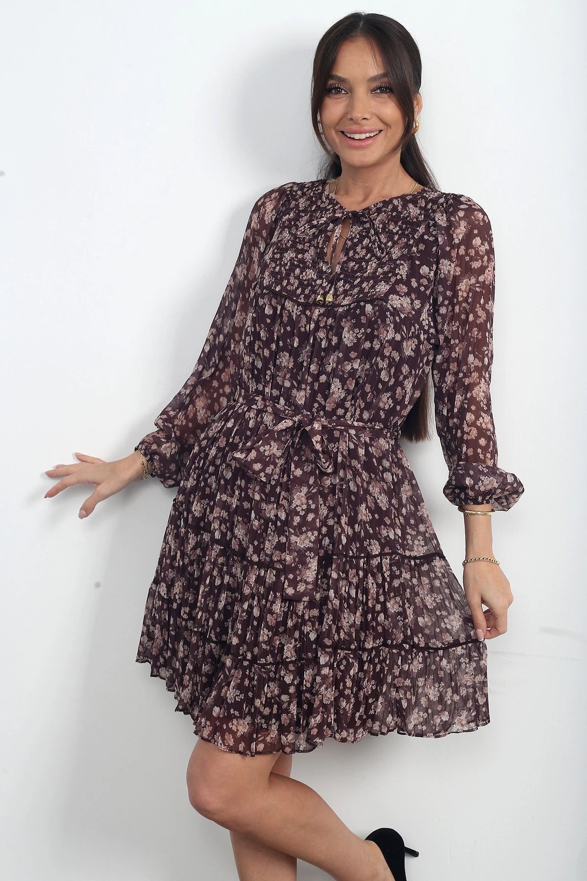 Image of Women's Short Chiffon Dress with Lace-up Neckline, Lined, and Floral Pattern.