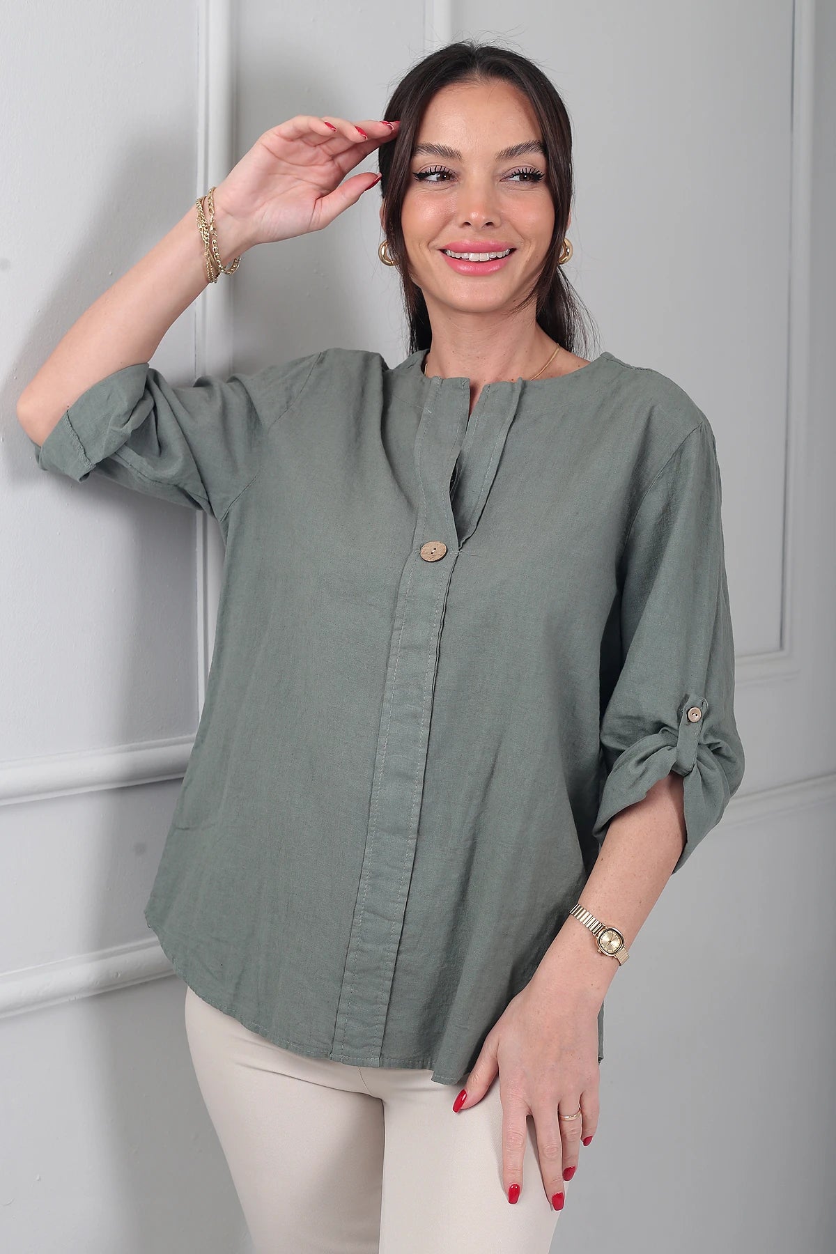 Image of Kadın Düğme Detaylı İtalyan Cotton Oversize Bluz