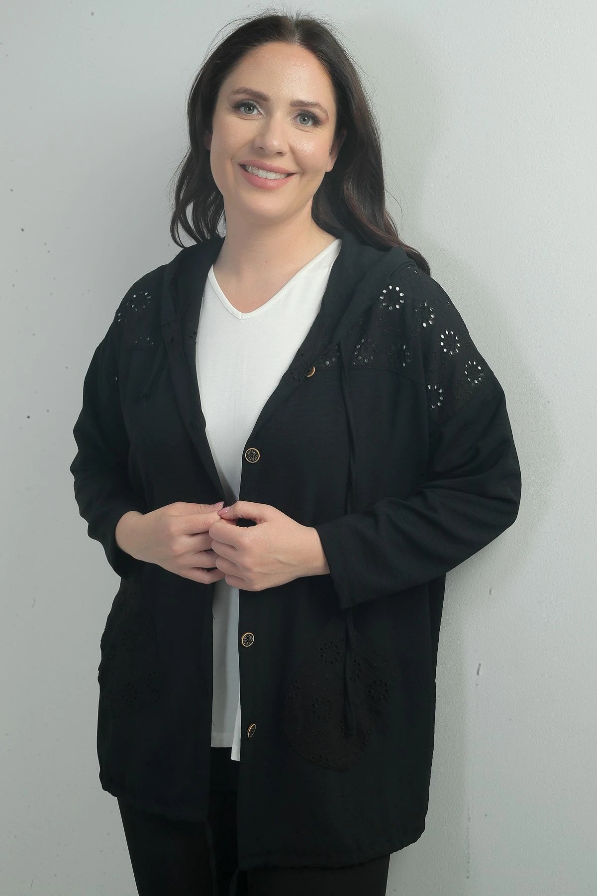 Image of Women's Hooded, Button-Front, Pocketed, Ruffled Plus Size Cardigan