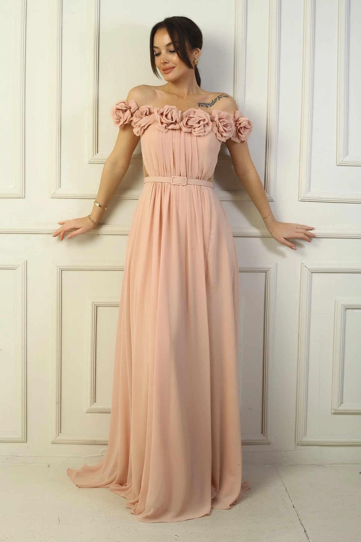 Image of Women's Long Chiffon Dress with Laser-Cut Floral Neckline and Lining, Belted Waist
