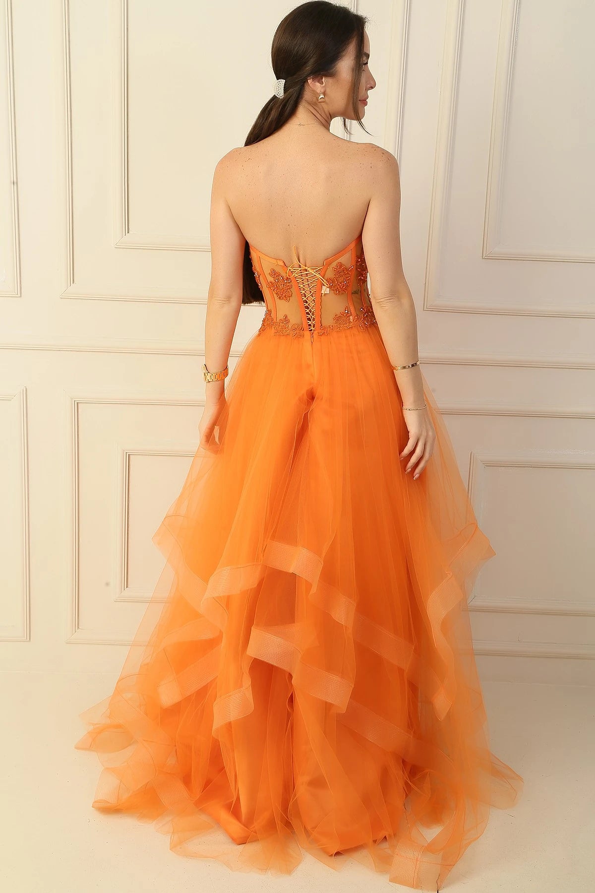 Image of Long, Layered Tulle Taffeta Evening Dress with Beaded Embellishments