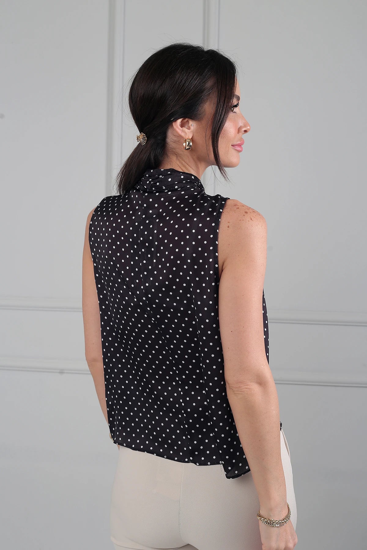 Image of Women's Polka Dot Satin Blouse with Gathered Neckline