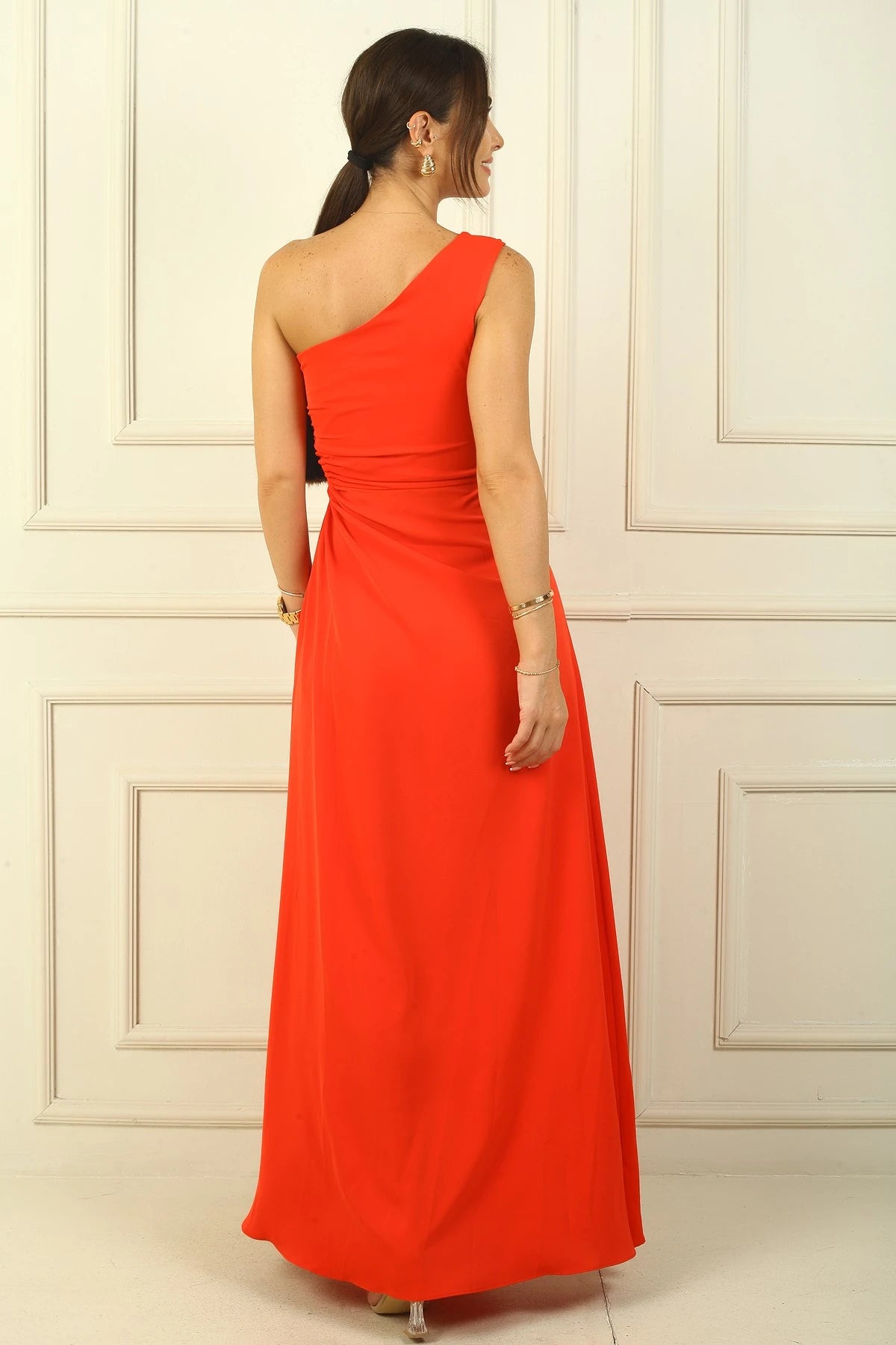 Image of Women's One-Shoulder Long Crepe Satin Dress with Side Window Detail