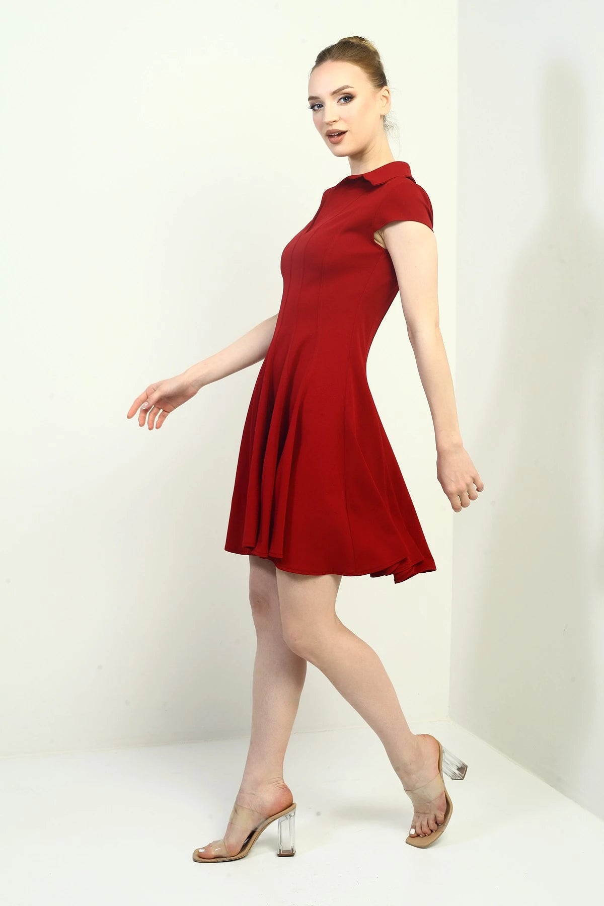 Image of Women's Polo Collar Long Sleeve Lycra Flared Short Dress