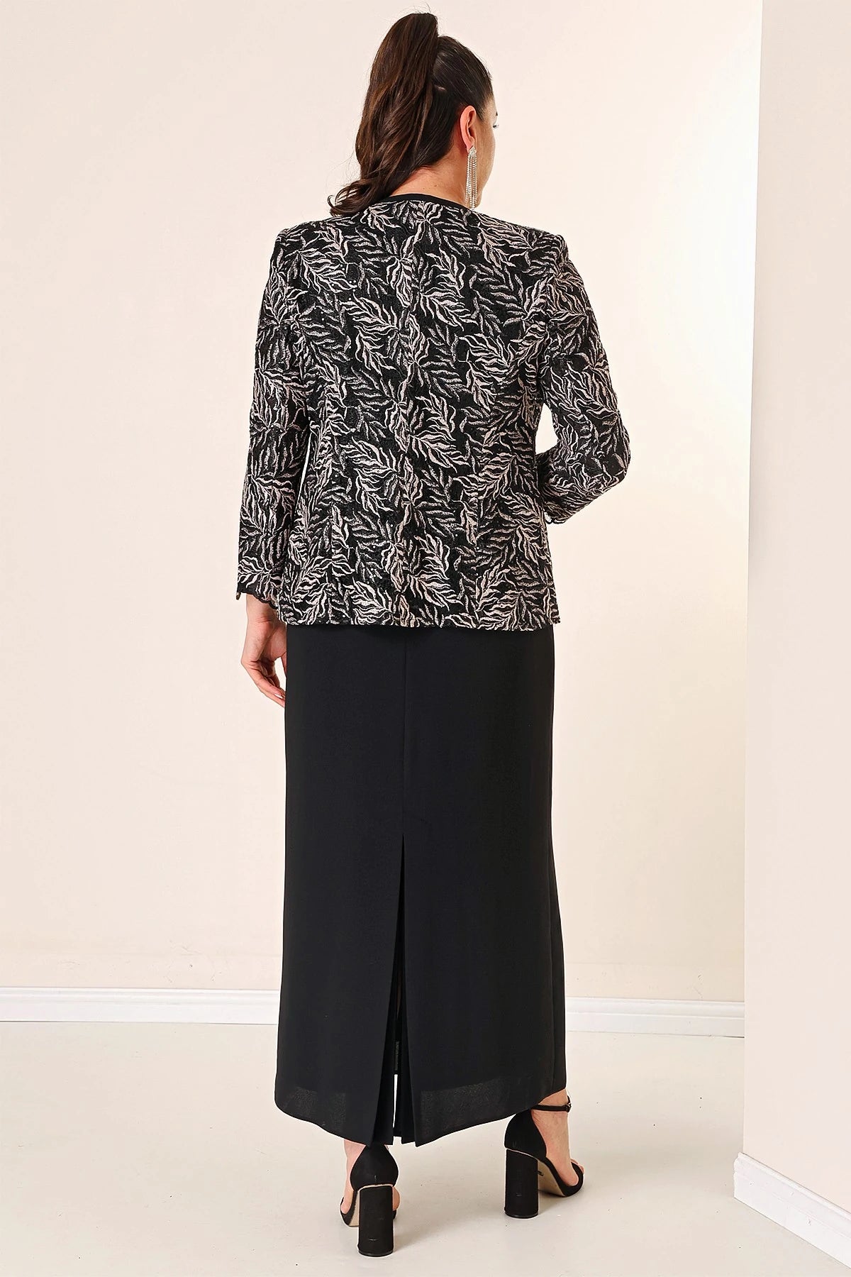 Image of Long Dress with Beaded Collar, Plus Size Two-Piece Set with Beaded and Sequin Embroidered Jacket, Lined.