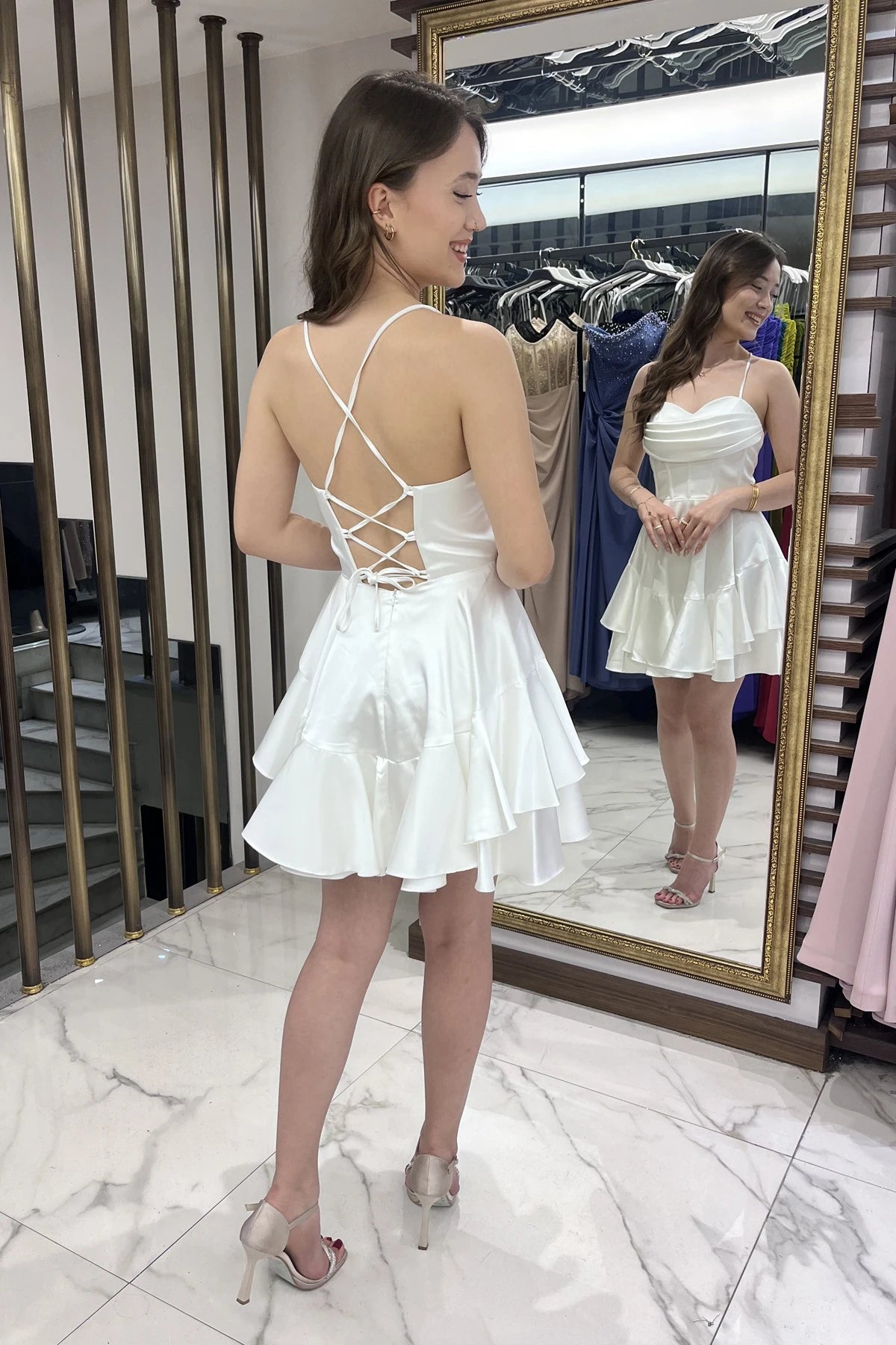 Image of Women's Strappy Back Tie Underwired Short Satin Dress with Layered Lining