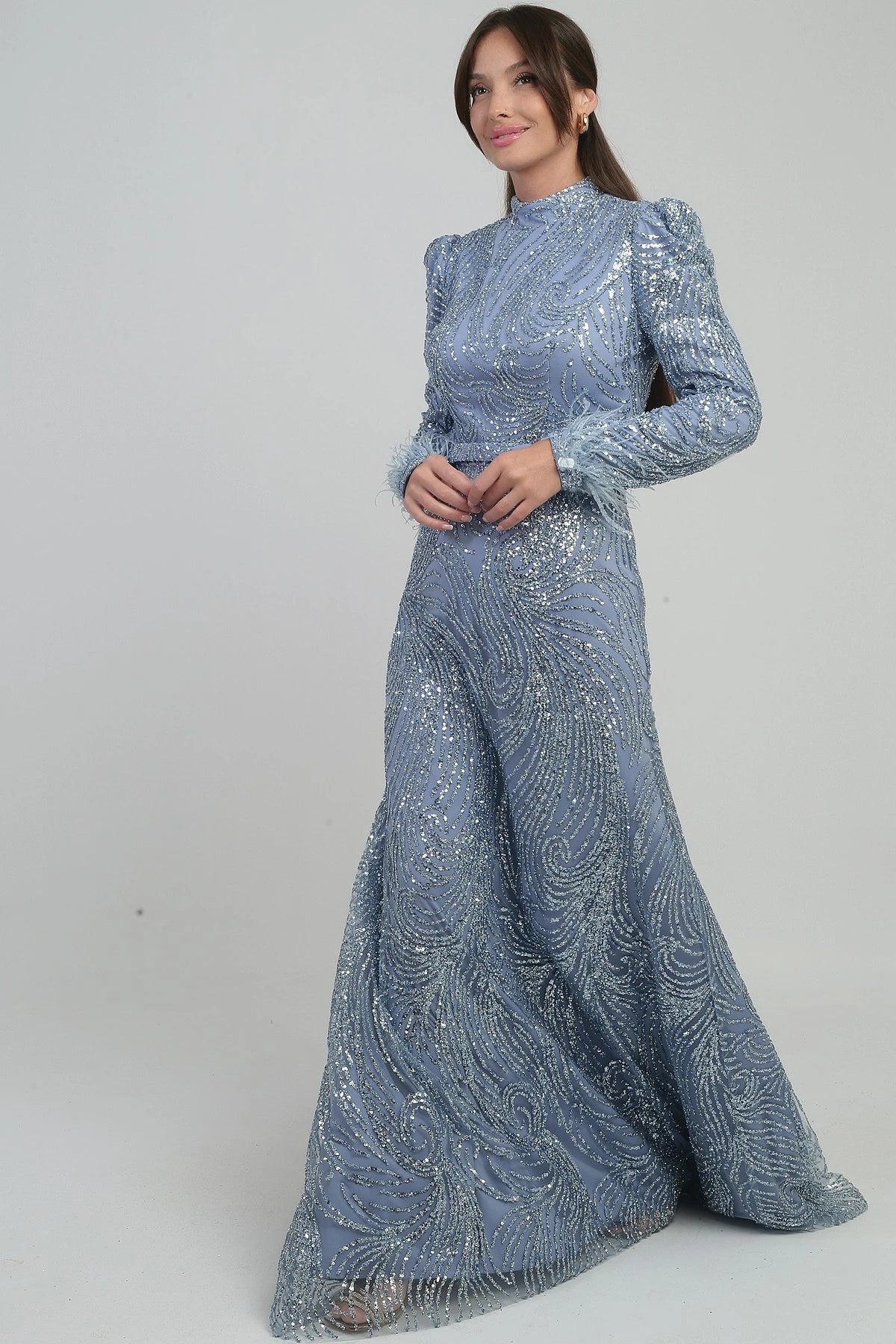 Image of Women's Long Tulle Dress with Feathered Sleeves, Beads and Sequins, and Lining