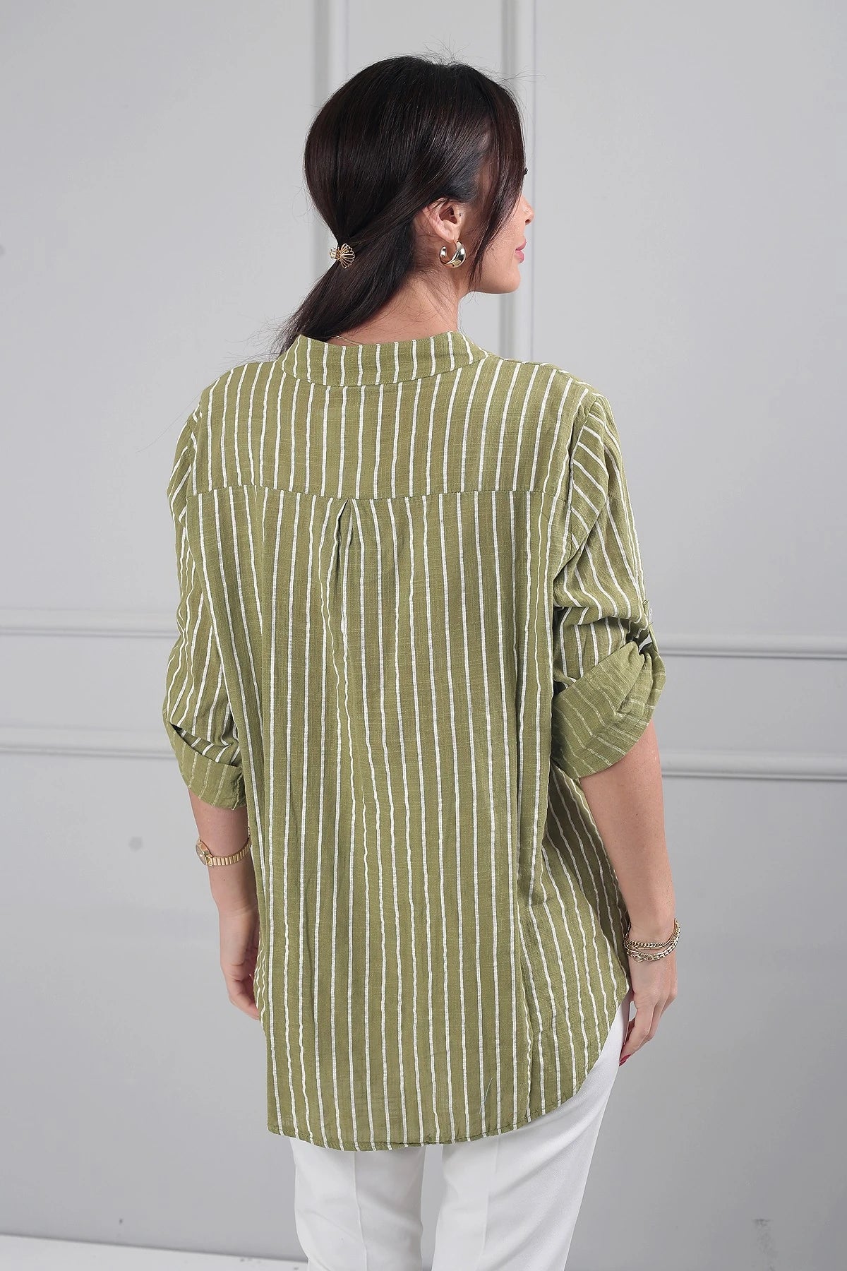 Image of Women's Single Pocket Striped Imported Linen Shirt