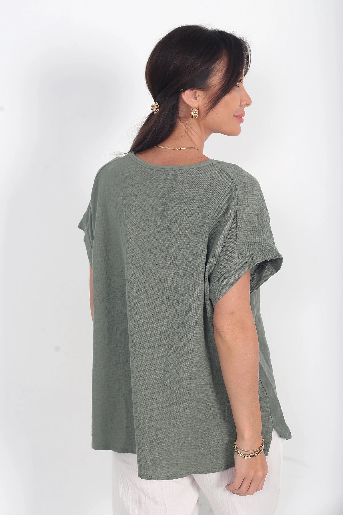 Image of Kadın İtalyan Cotton V Yaka Örgü Dantel Tek Cepli Oversize Keten Bluz