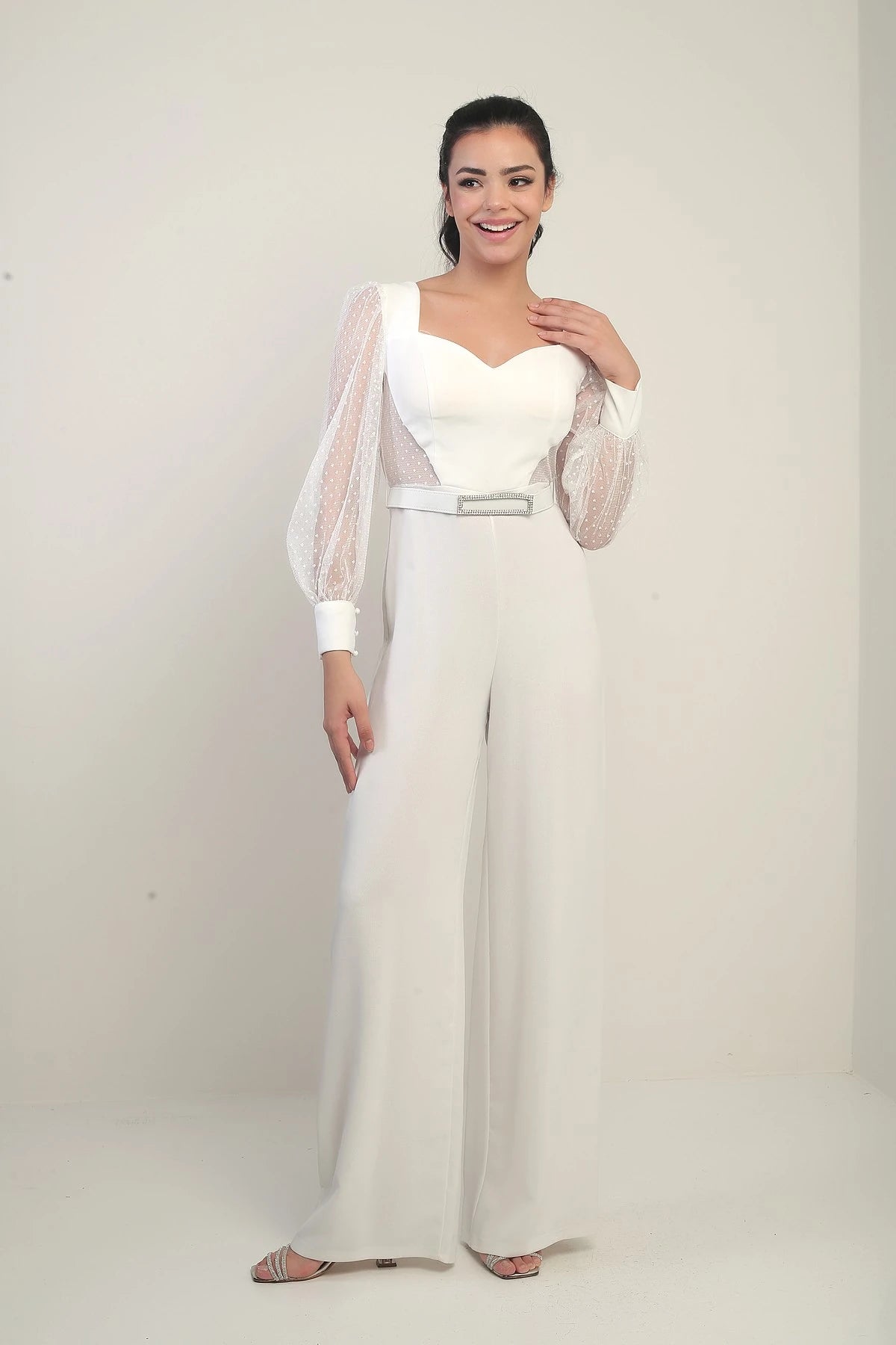 Image of Women's Sweetheart Neckline Long Tulle Sleeved Belted Palazzo Crepe Jumpsuit