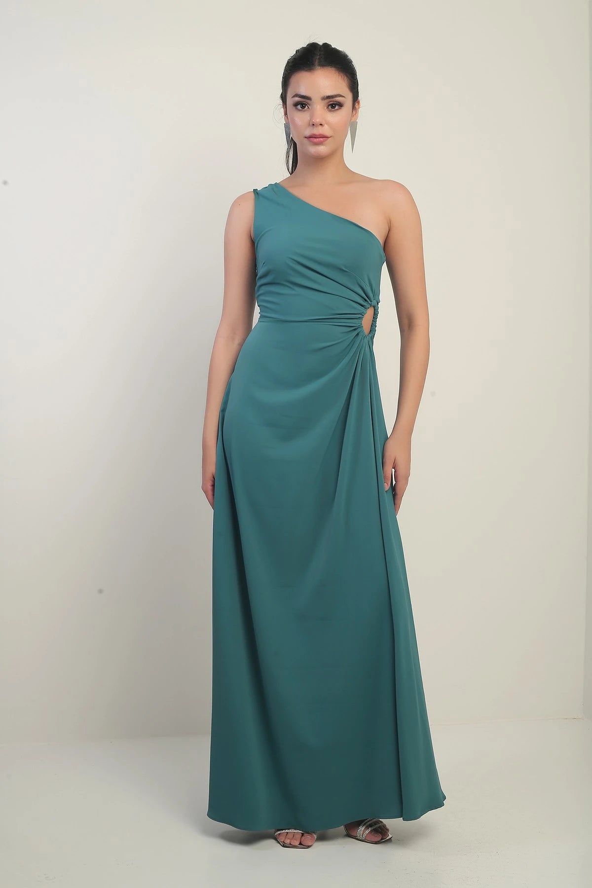 Image of Women's One-Shoulder Long Crepe Satin Dress with Side Window Detail