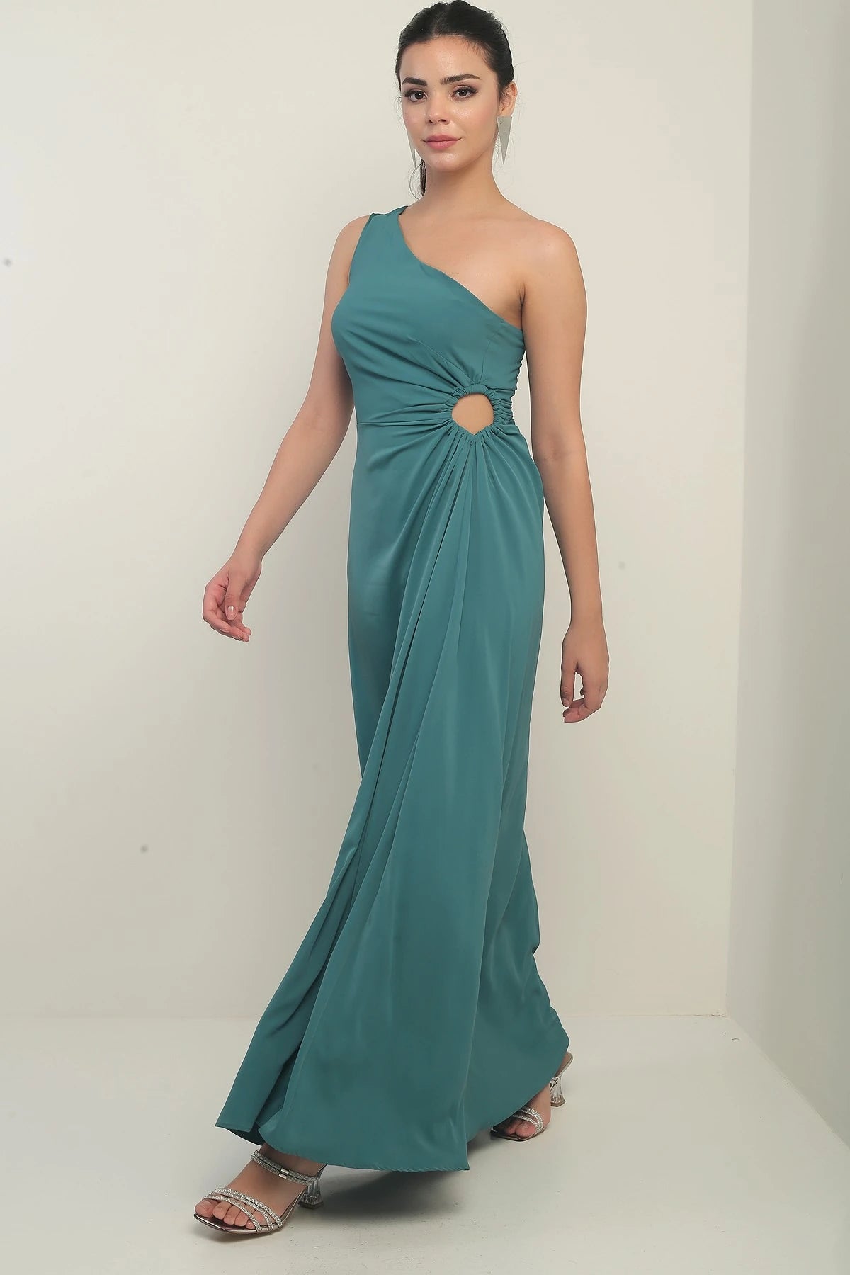 Image of Women's One-Shoulder Long Crepe Satin Dress with Side Window Detail