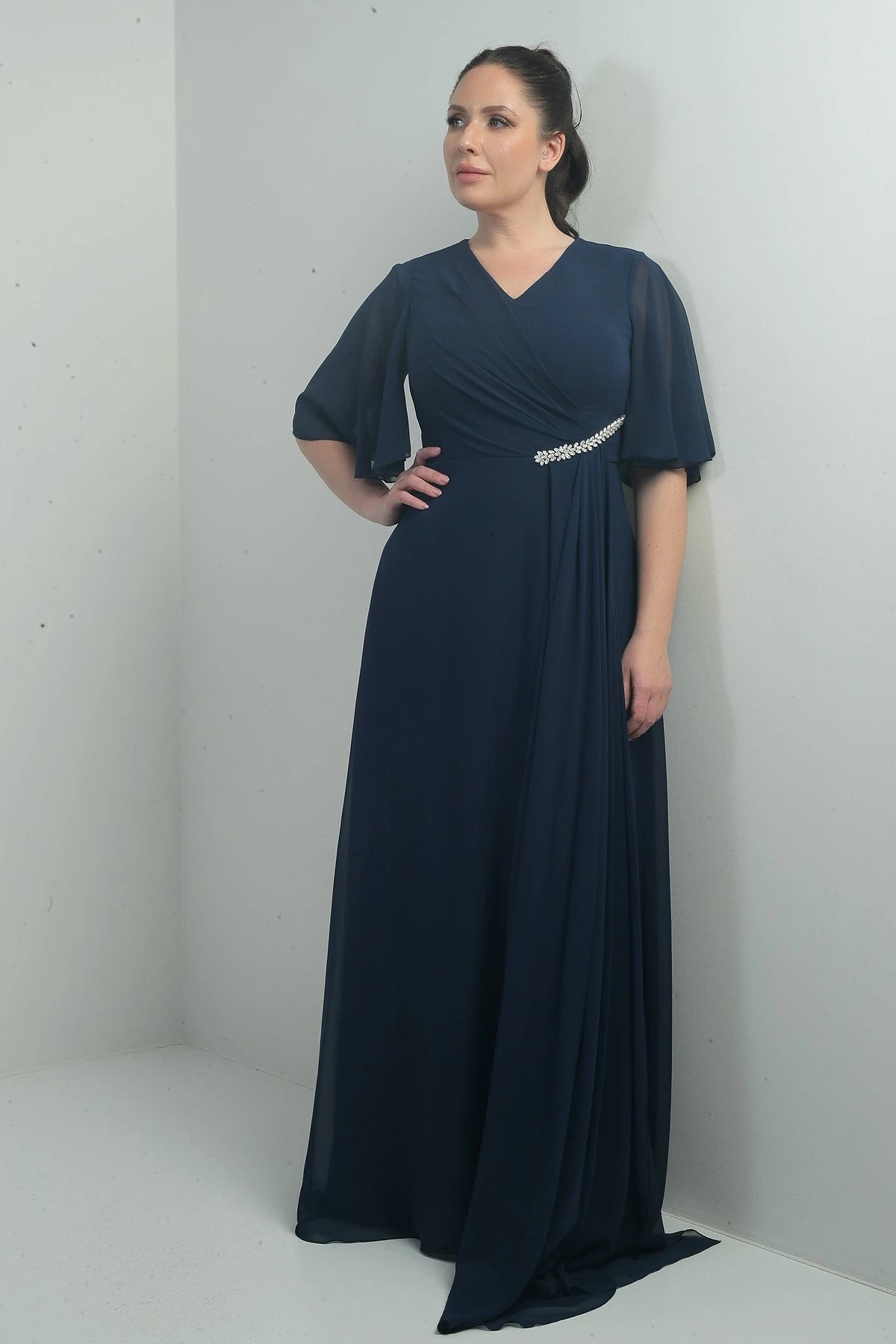 Image of Women's V-Neck, Waistband with Stone Embellishment, Draped, Lined, Plus Size Long Chiffon Dress