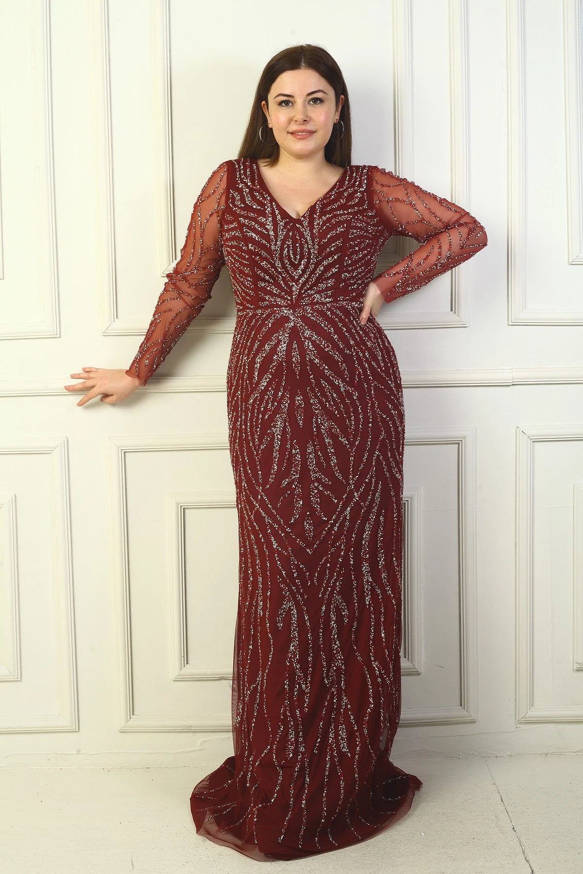 Image of Front and Back V-Neck, Tulle Sleeves, Lined, Embellished Long Plus Size Dress