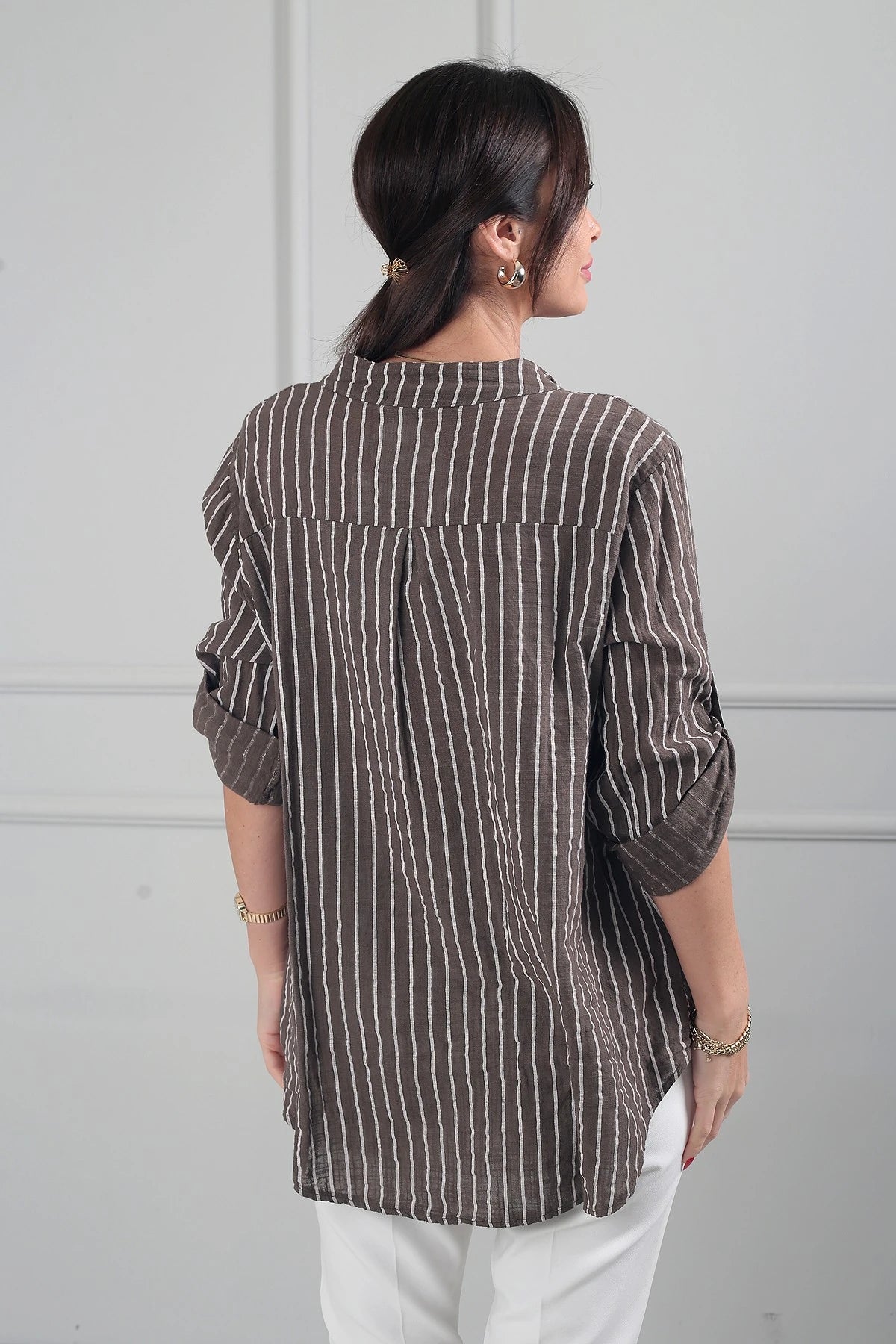 Image of Women's Single Pocket Striped Imported Linen Shirt