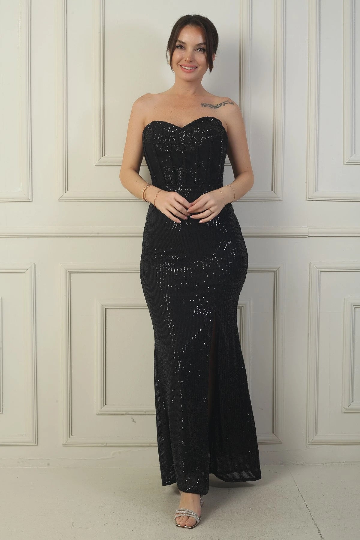 Image of Women's Strapless Underwired Back Lace-up Lined Slit Sequin Long Dress