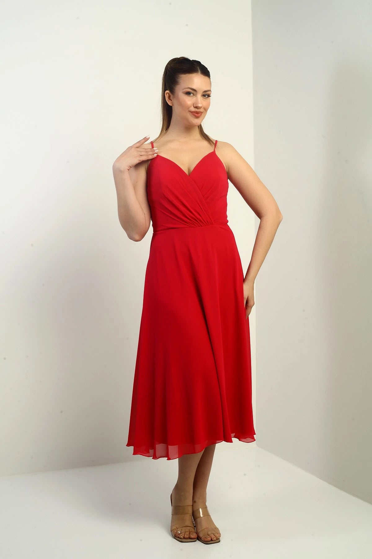 Image of Women's Strappy Wrap Neckline Lined Lace-Up Back Flared Chiffon Dress
