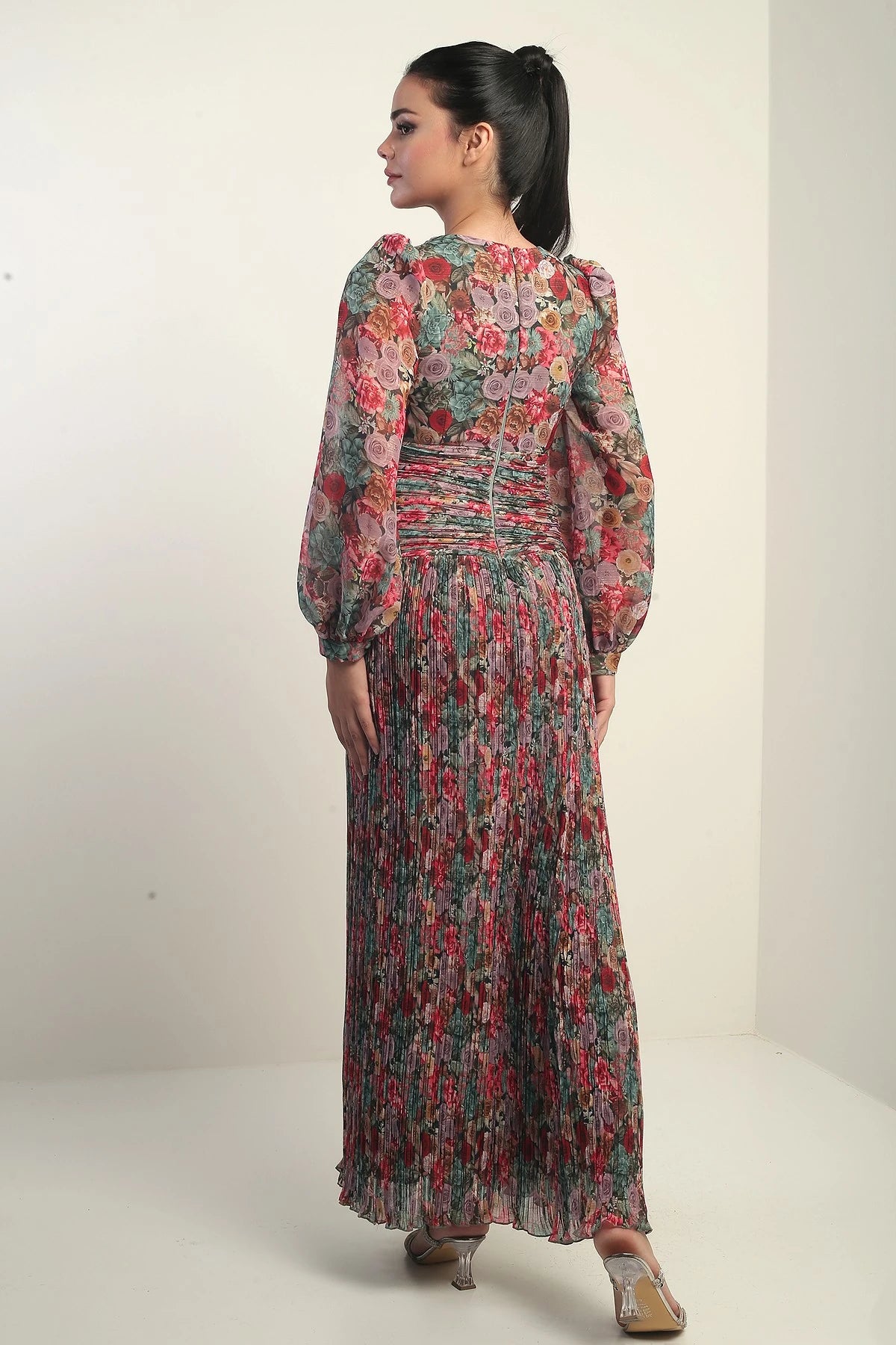Image of Women's V-Neck Lined Floral Patterned Fully Pleated Chiffon Long Dress