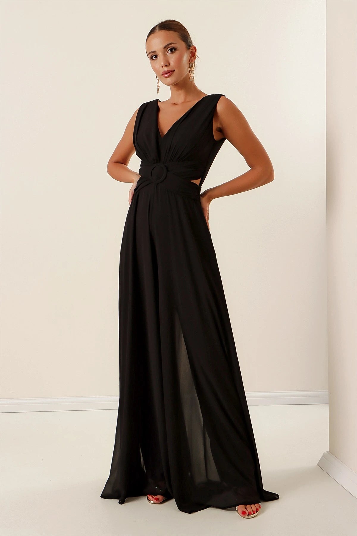 Image of Waist-detailed, front and back V-neck, lined chiffon jumpsuit.