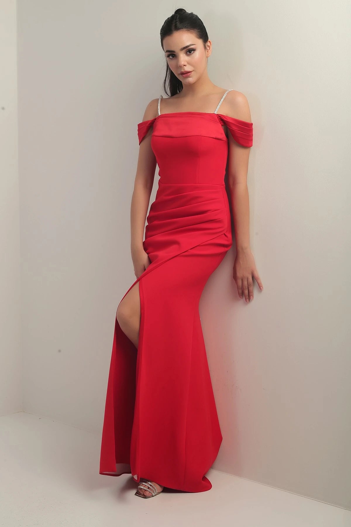 Image of Women's Embellished Thin Strap, Dropped Sleeve Satin Madonna Neckline Lined Draped Double Fishtail Dress