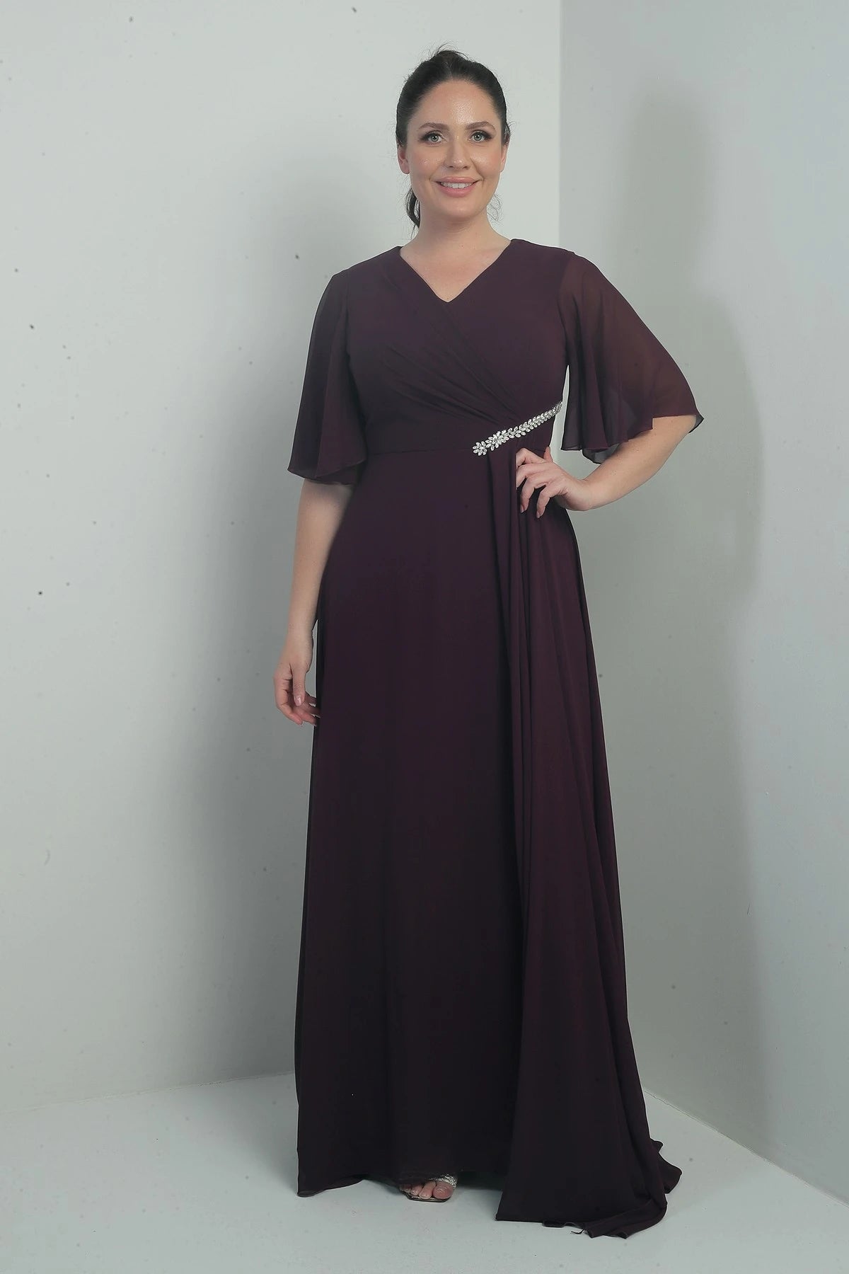 Image of Women's V-Neck, Waistband with Stone Embellishment, Draped, Lined, Plus Size Long Chiffon Dress