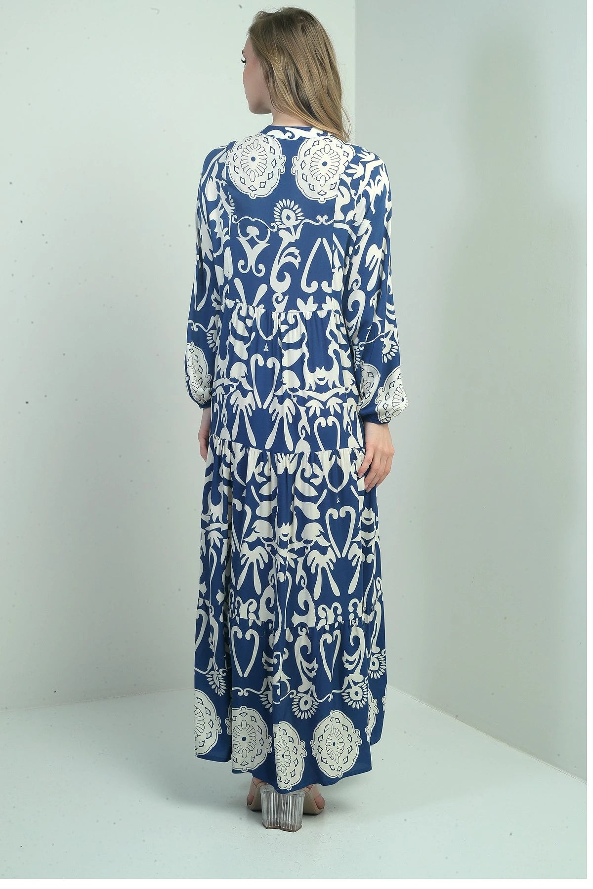 Image of Women's Mandarin Collar, Button-Front, Elasticated Cuff, Shawl Pattern Long Hijab Dress