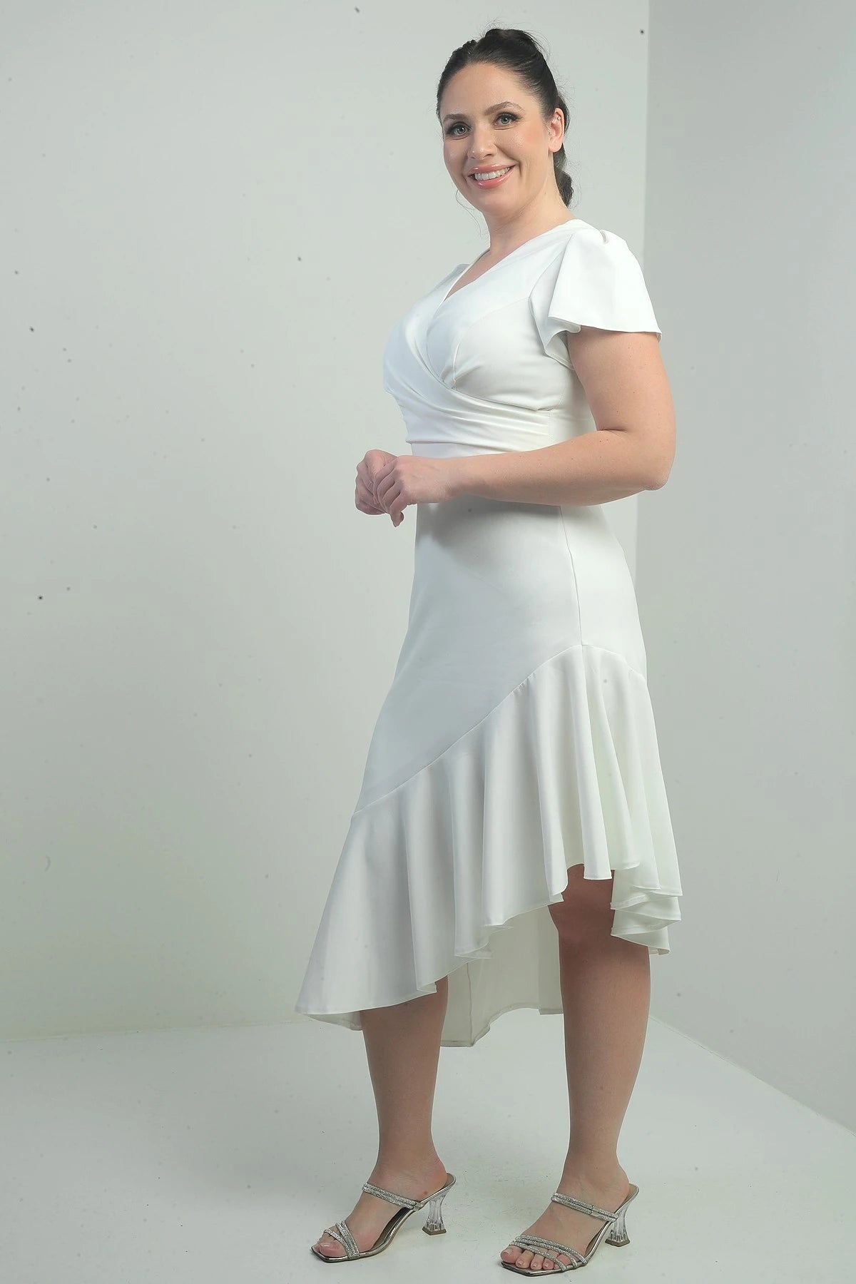 Image of Women's Wrap Neckline Draped Front Lined Ruffled Skirt Plus Size Crepe Dress