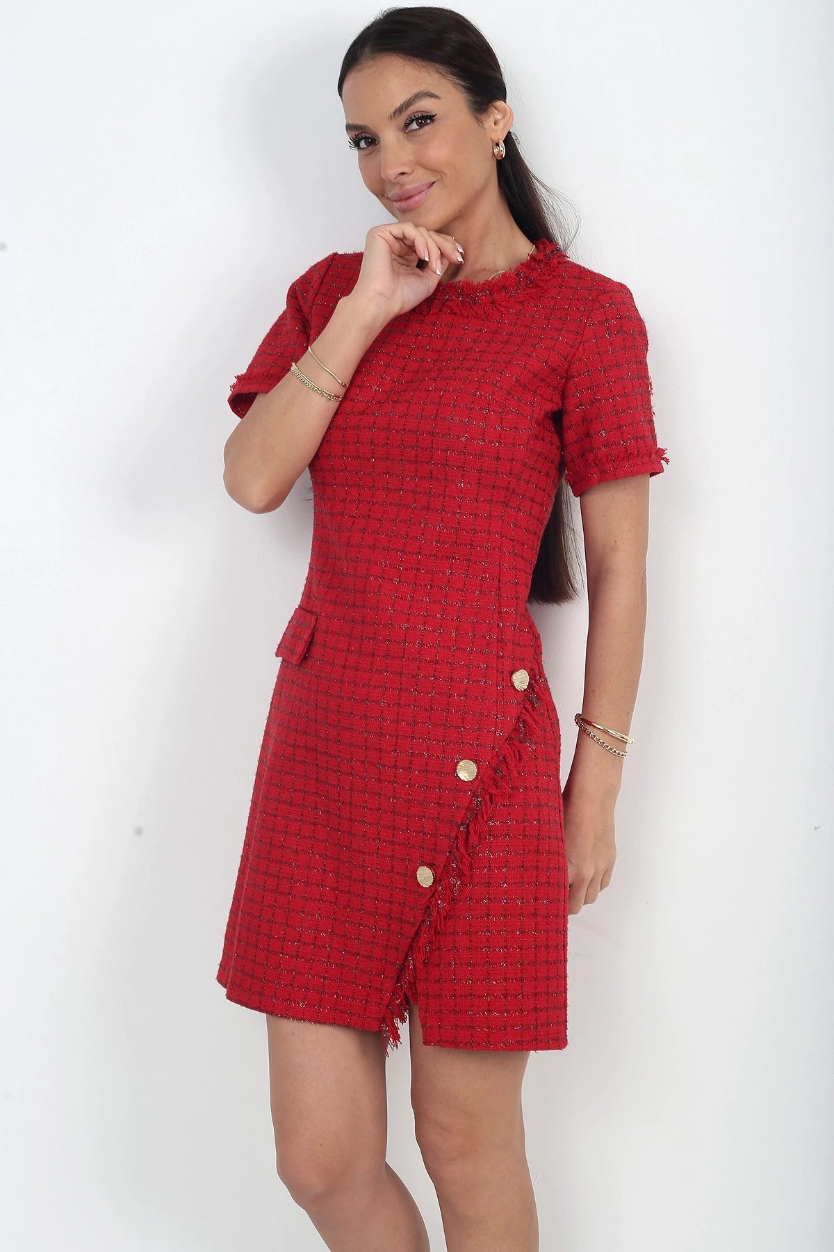 Image of Women's Button Detail Short Sleeve Tassel Chanel Short Dress