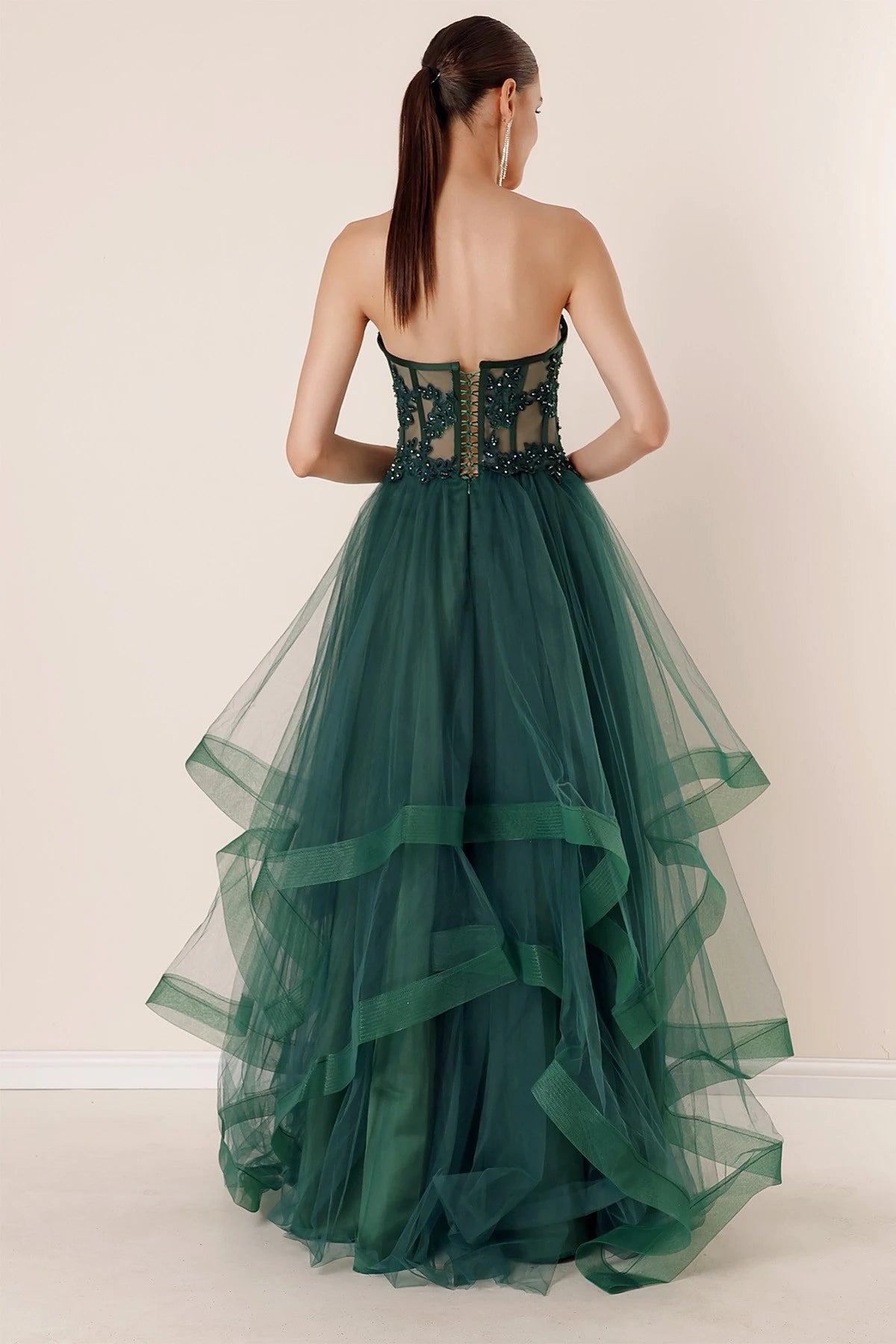 Image of Long, Layered Tulle Taffeta Evening Dress with Beaded Embellishments