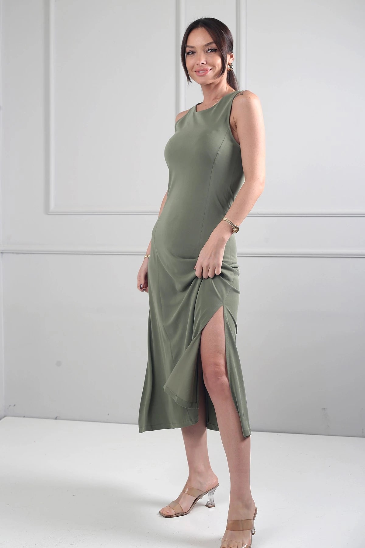 Image of Women's Round Neck Long Dress with Side Slits and Lycra Fabric