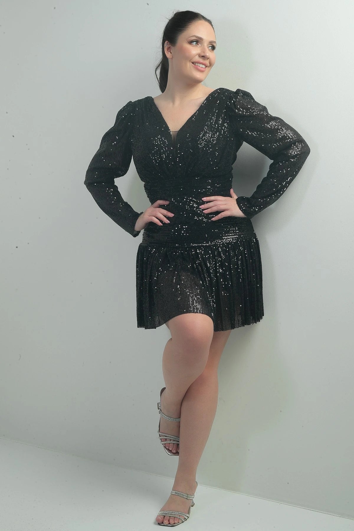 Image of Women's Front and Back V-Neck Lined Draped Long Sleeved Plus Size Sequin Dress