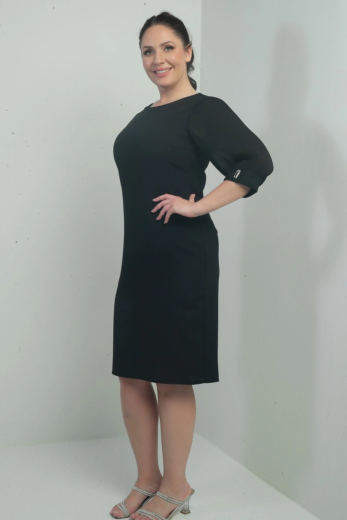 Image of Women's Plus Size Dress with Chiffon Pleated Sleeves and Lining