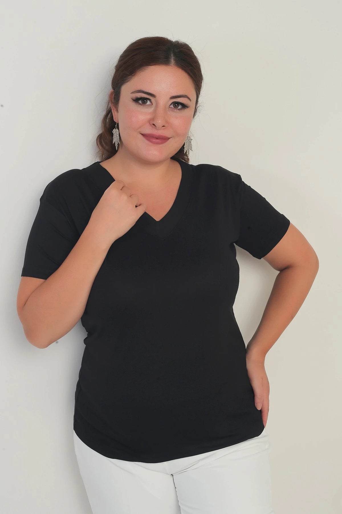 Image of Kadın V Yaka Likralı Büyük Beden Bluz