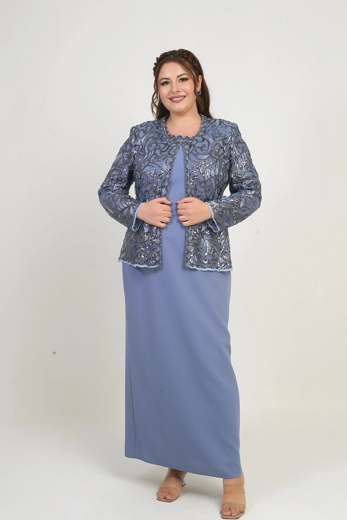 Image of Women's Sequin Embellished Beaded Tulle Jacket, Half-Moon Sleeve Long Dress, Lined Crepe, Plus Size 2-Piece Set