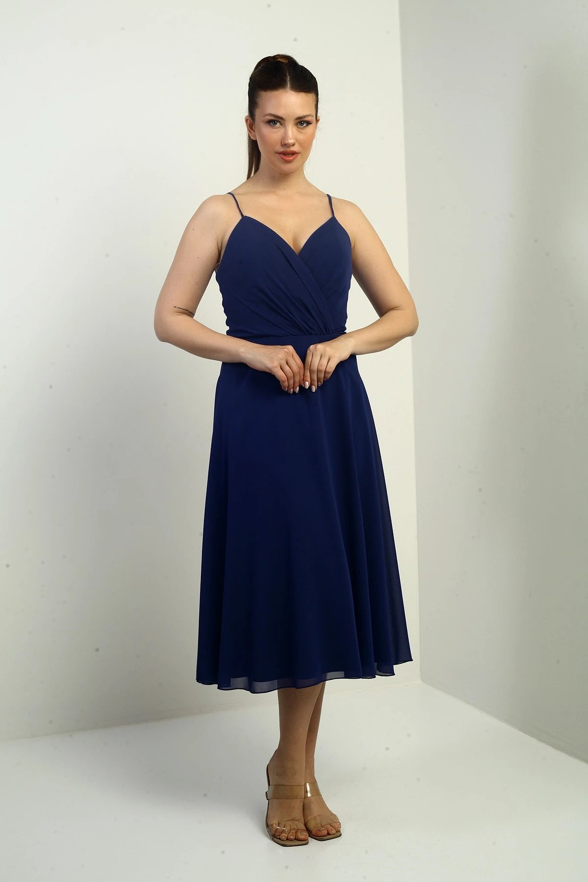 Image of Women's Strappy Wrap Neckline Lined Lace-Up Back Flared Chiffon Dress