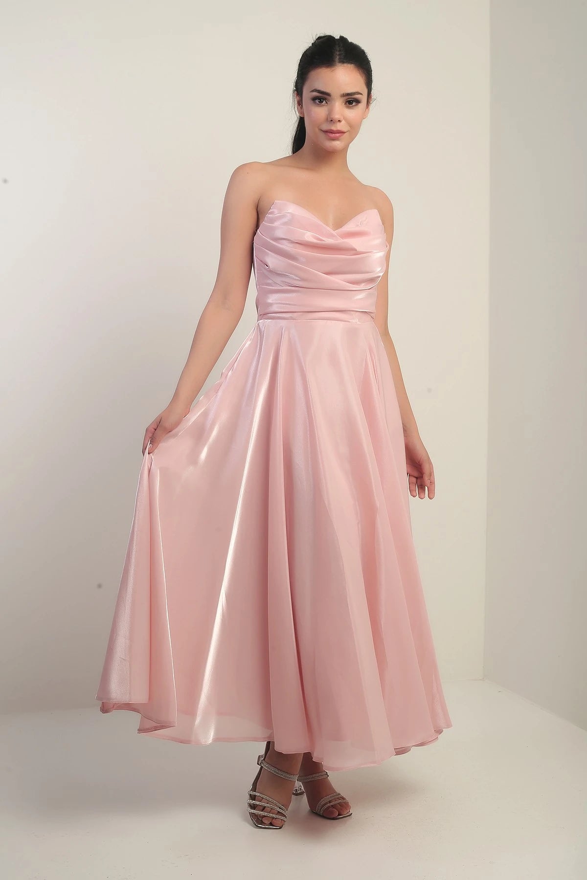 Image of Rochie midi din satin organza, fără bretele, cu decolteu în V pentru femei