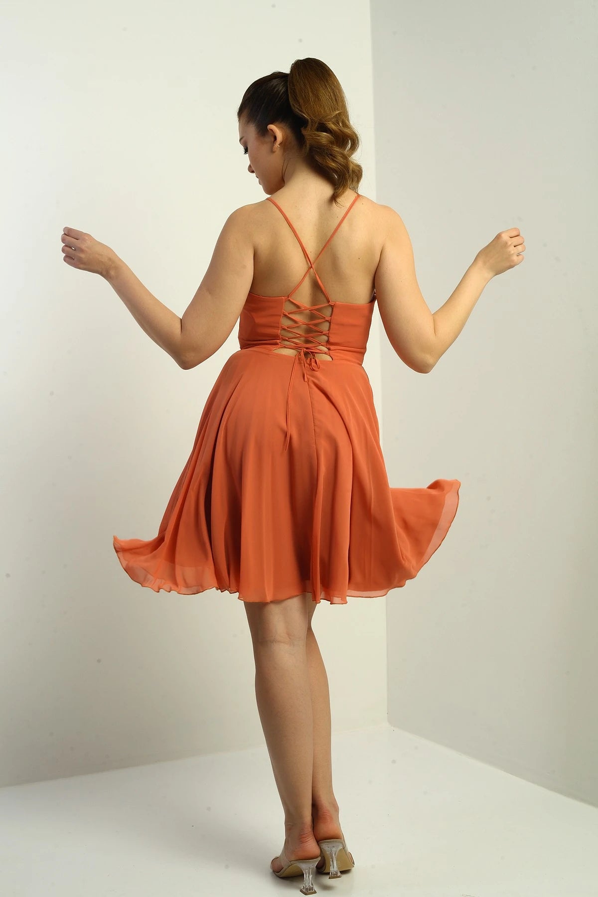 Image of Women's Strappy, Back-Tie, Front-Opening, Lined Chiffon Short Flared Dress